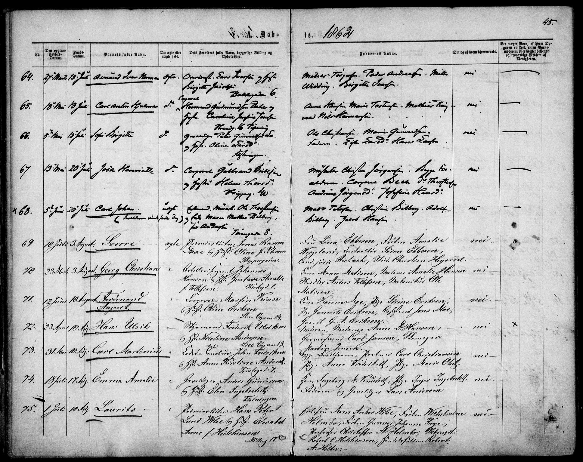 Garnisonsmenigheten Kirkebøker, SAO/A-10846/F/Fa/L0010: Parish register (official) no. 10, 1859-1869, p. 45