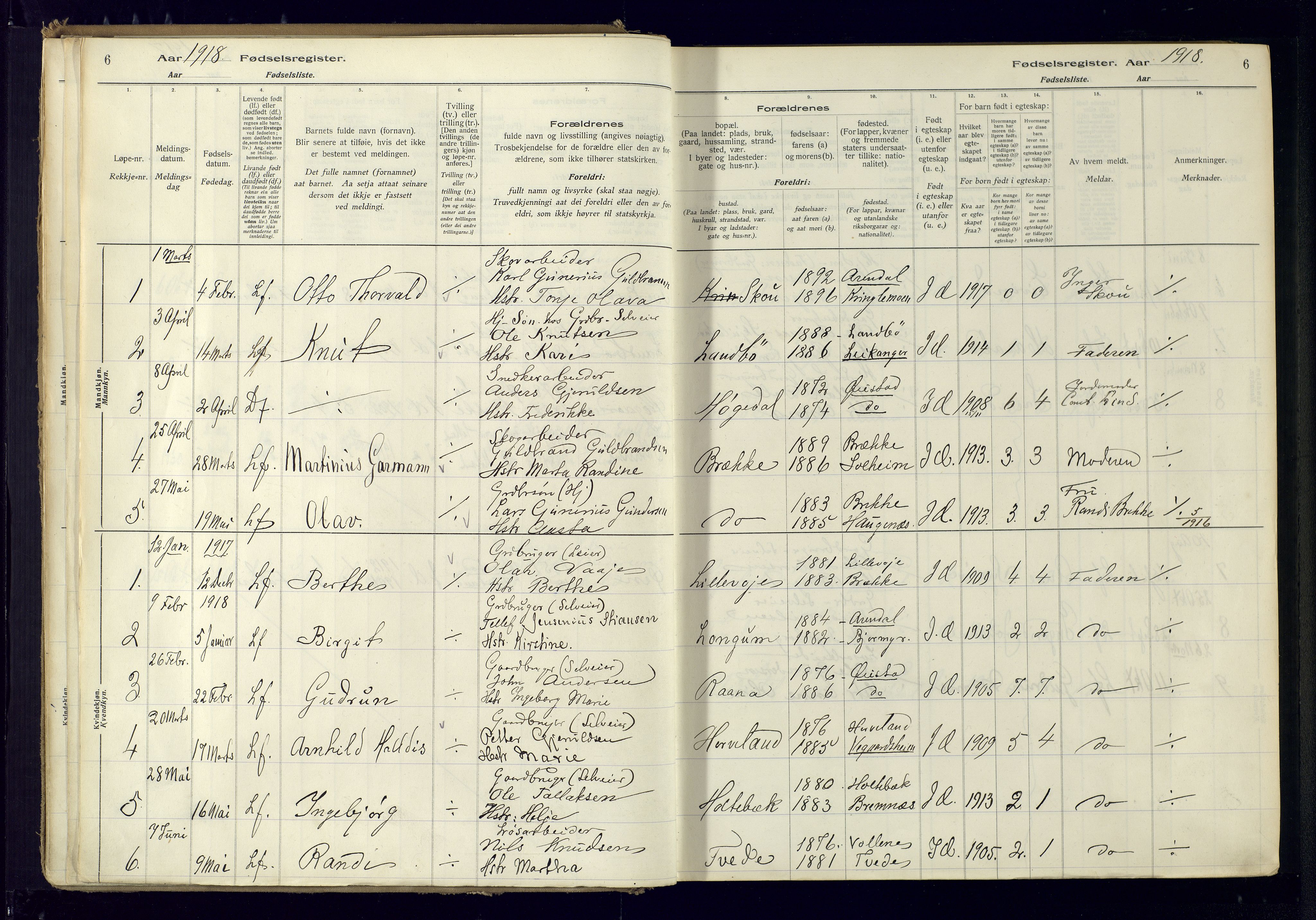 Austre Moland sokneprestkontor, SAK/1111-0001/J/Ja/L0001: Birth register no. A-VI-25, 1916-1975, p. 6