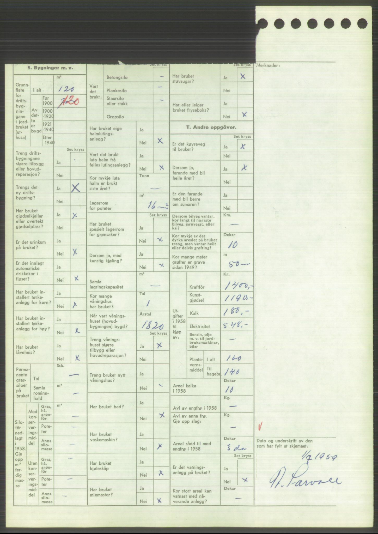 Statistisk sentralbyrå, Næringsøkonomiske emner, Jordbruk, skogbruk, jakt, fiske og fangst, AV/RA-S-2234/G/Gd/L0373: Rogaland: 1130 Strand (kl. 1-2), 1131 Årdal og 1132 Fister, 1959, p. 1268