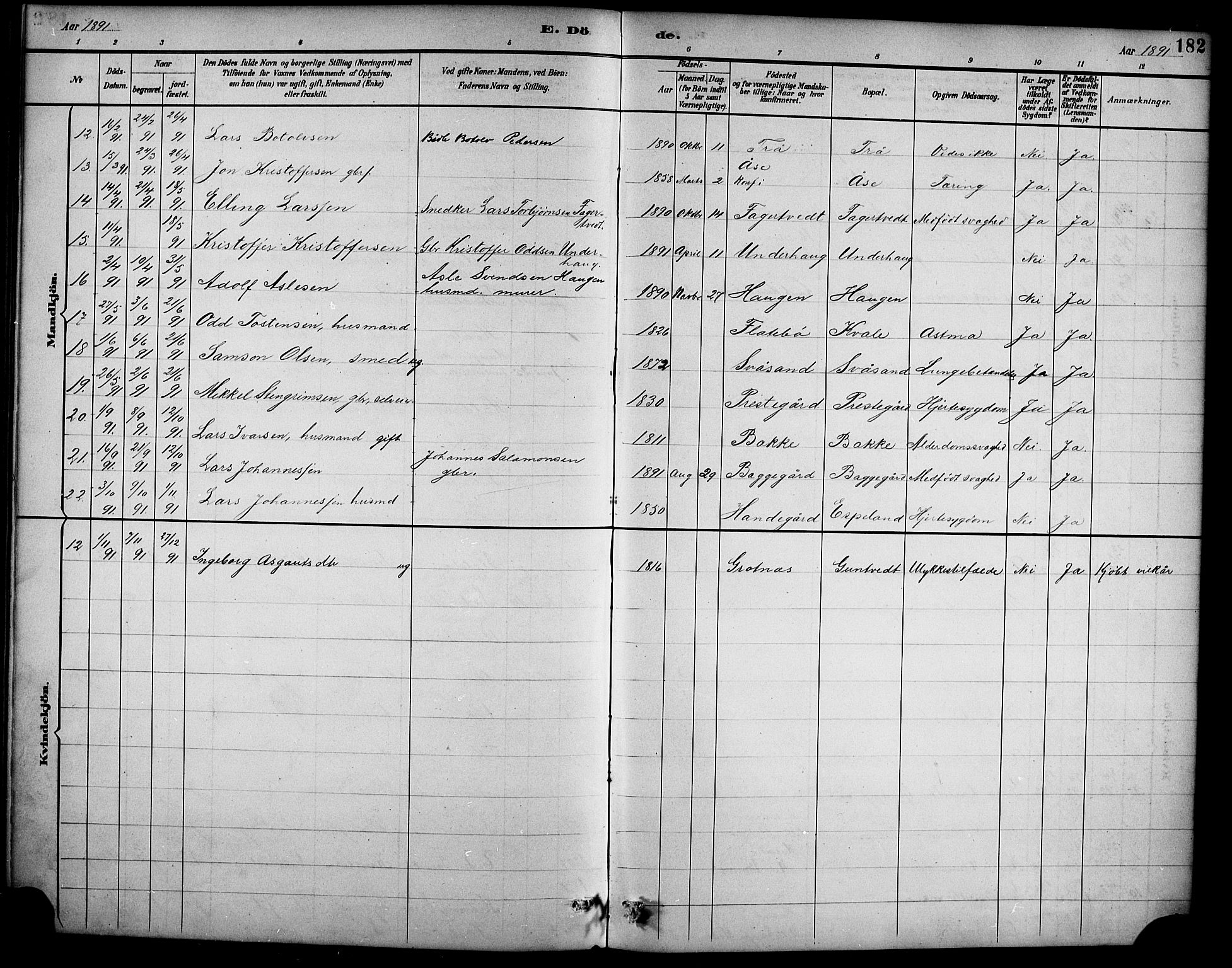 Ullensvang sokneprestembete, SAB/A-78701/H/Hab: Parish register (copy) no. D 1, 1891-1908, p. 182