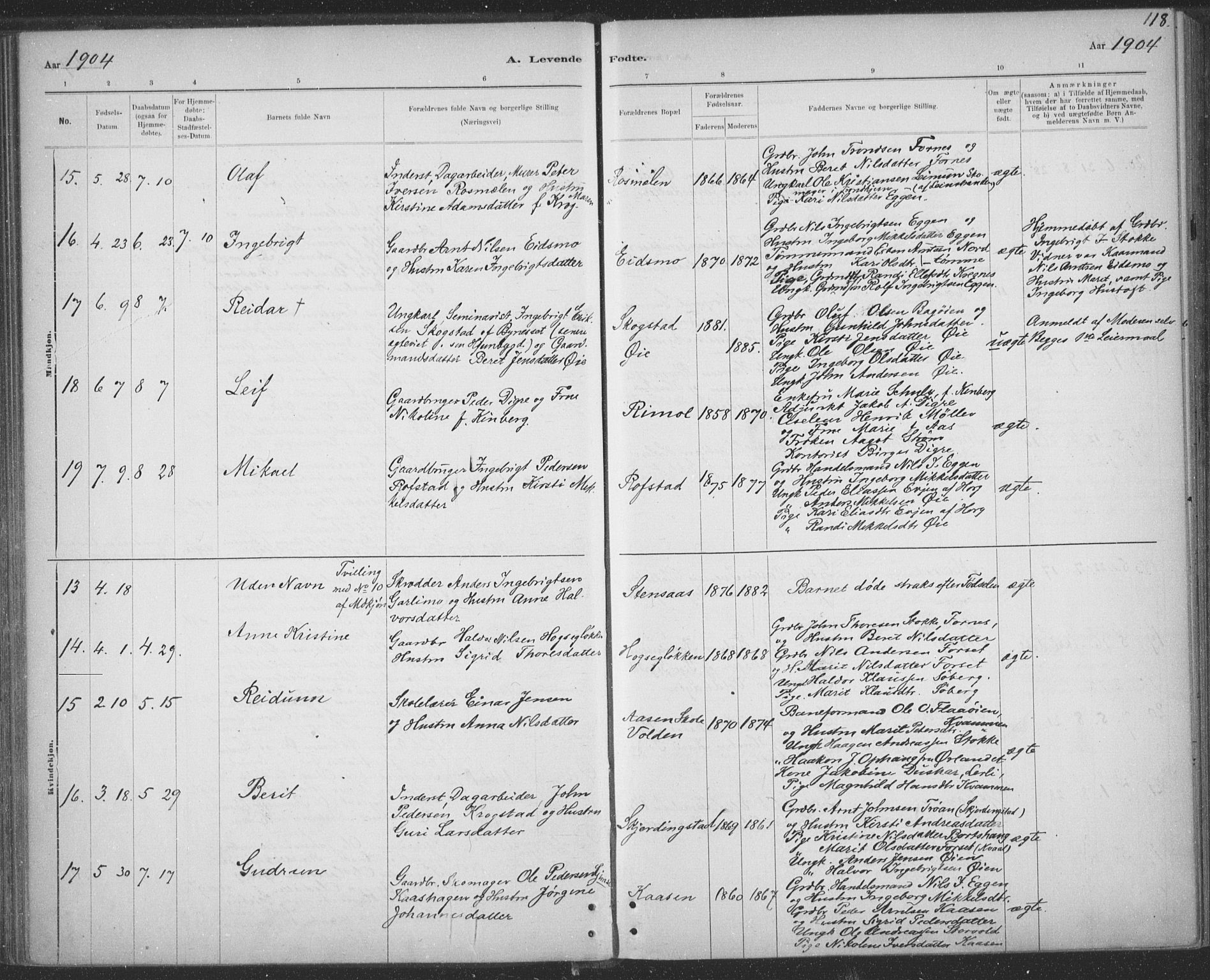 Ministerialprotokoller, klokkerbøker og fødselsregistre - Sør-Trøndelag, SAT/A-1456/691/L1085: Parish register (official) no. 691A17, 1887-1908, p. 118