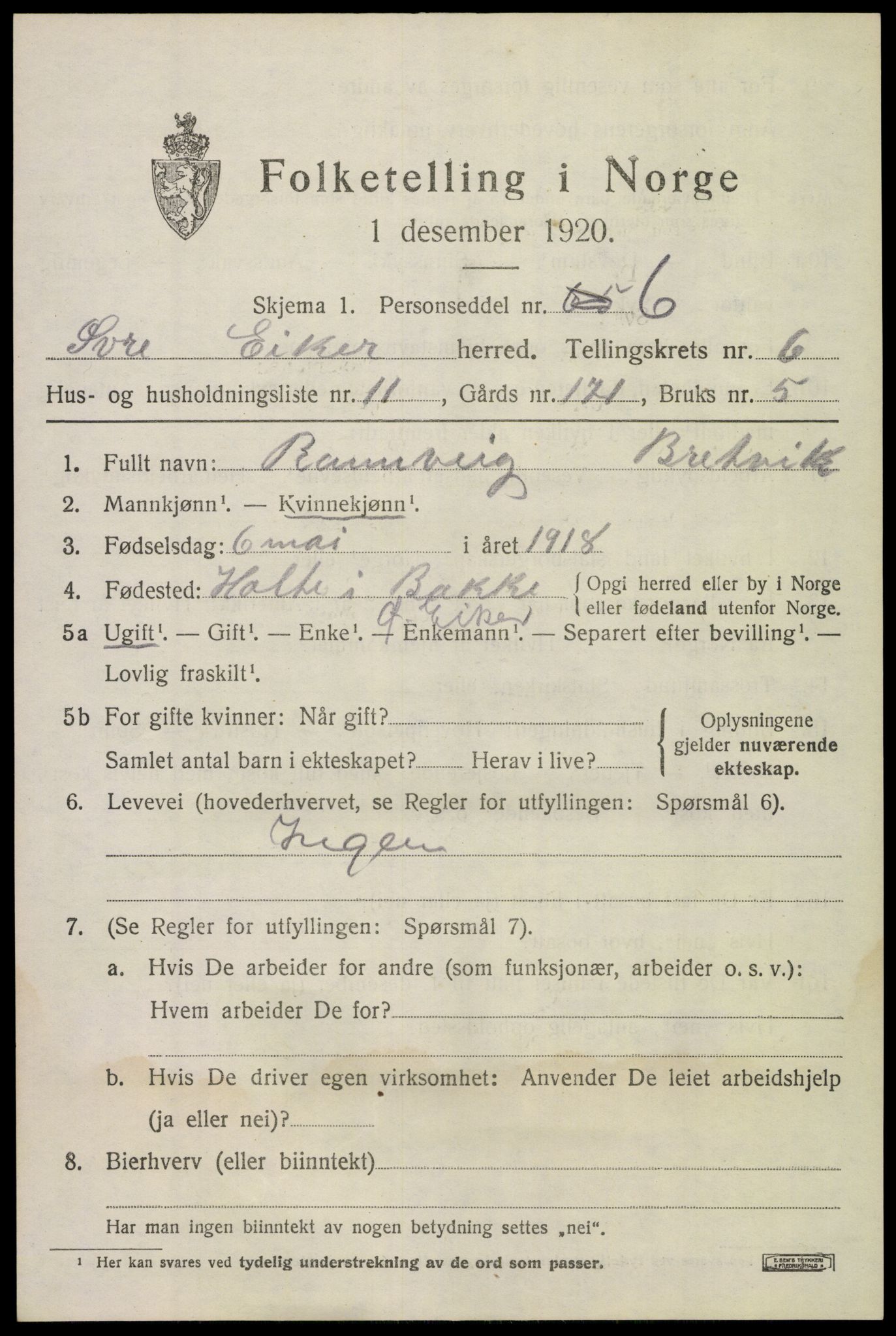 SAKO, 1920 census for Øvre Eiker, 1920, p. 12906