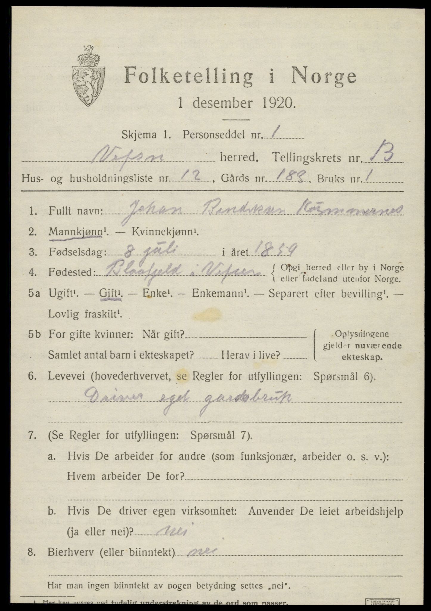 SAT, 1920 census for Vefsn, 1920, p. 10333