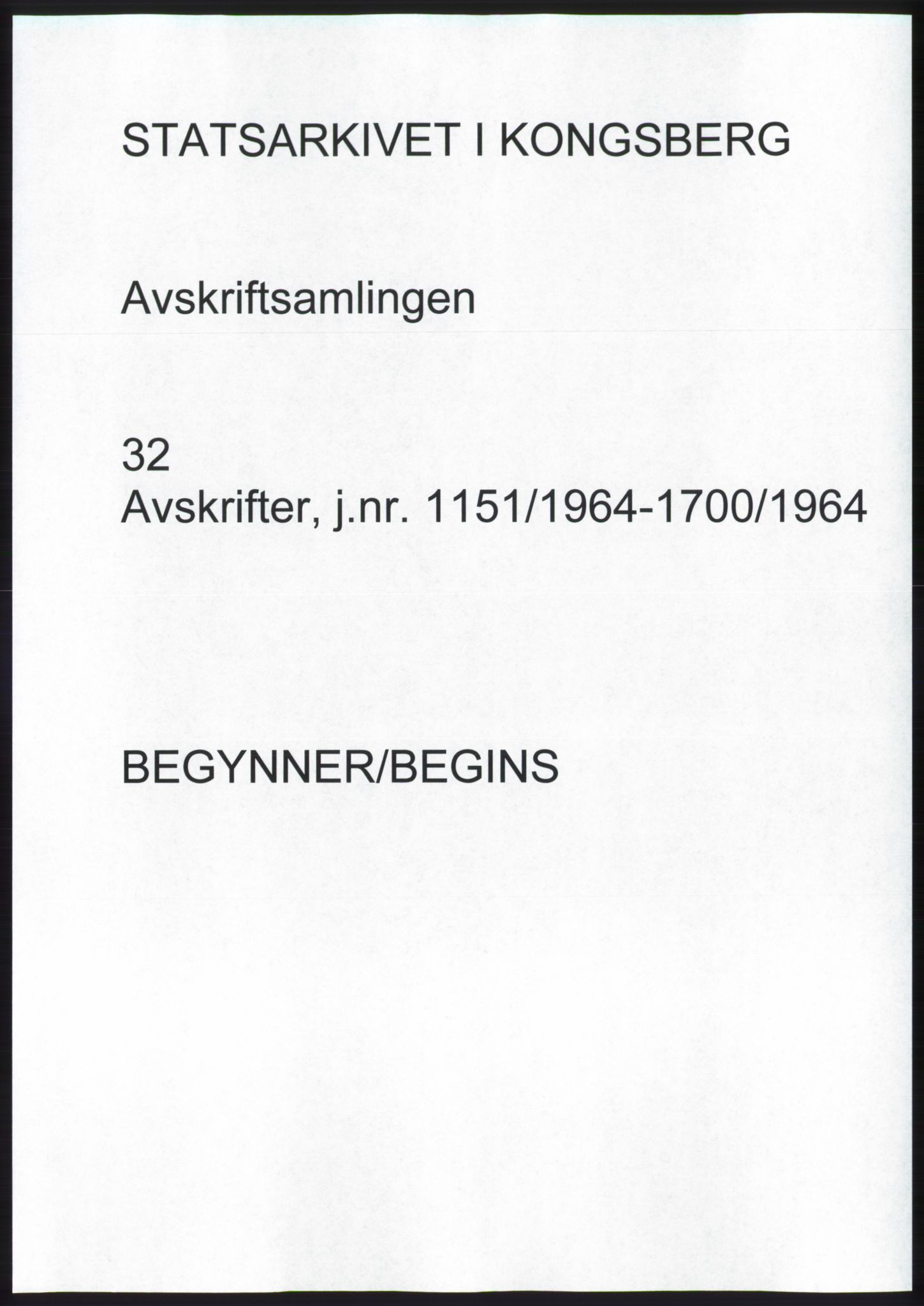 Statsarkivet i Kongsberg, AV/SAKO-A-0001, 1964, p. 1