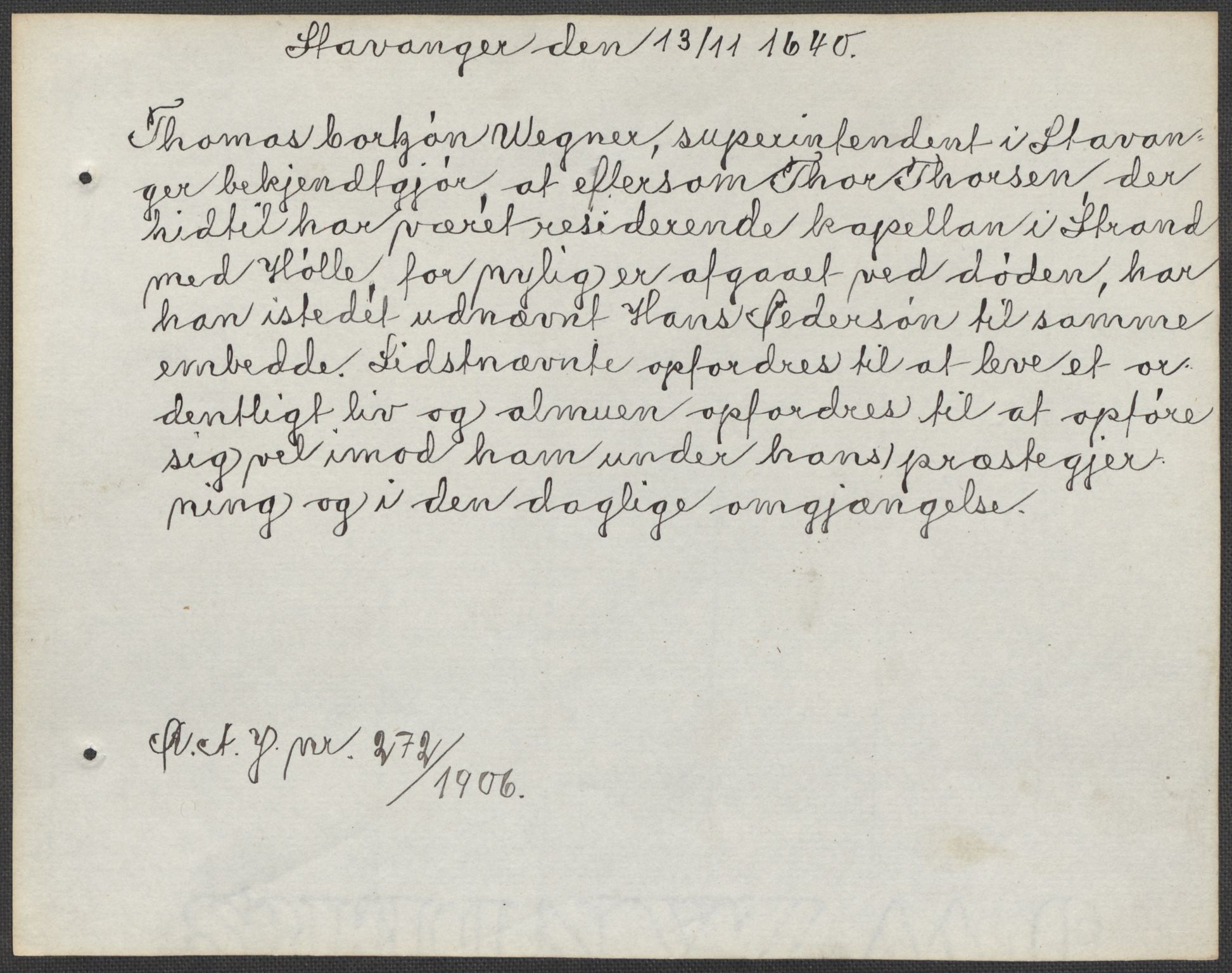 Riksarkivets diplomsamling, AV/RA-EA-5965/F15/L0031: Prestearkiv - Aust-Agder, Vest-Agder og Rogaland, 1575-1768, p. 135
