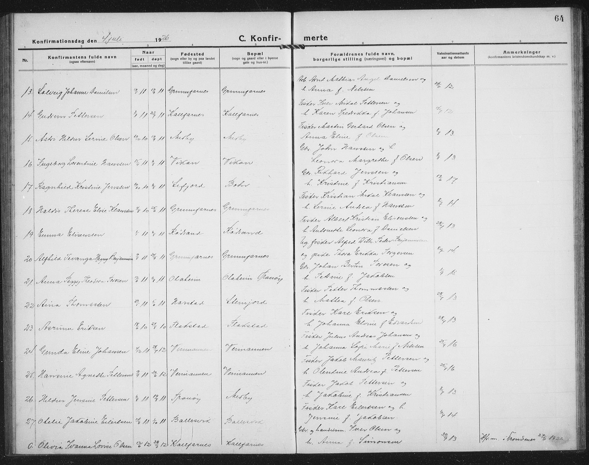 Berg sokneprestkontor, AV/SATØ-S-1318/G/Ga/Gab/L0014klokker: Parish register (copy) no. 14, 1922-1933, p. 64