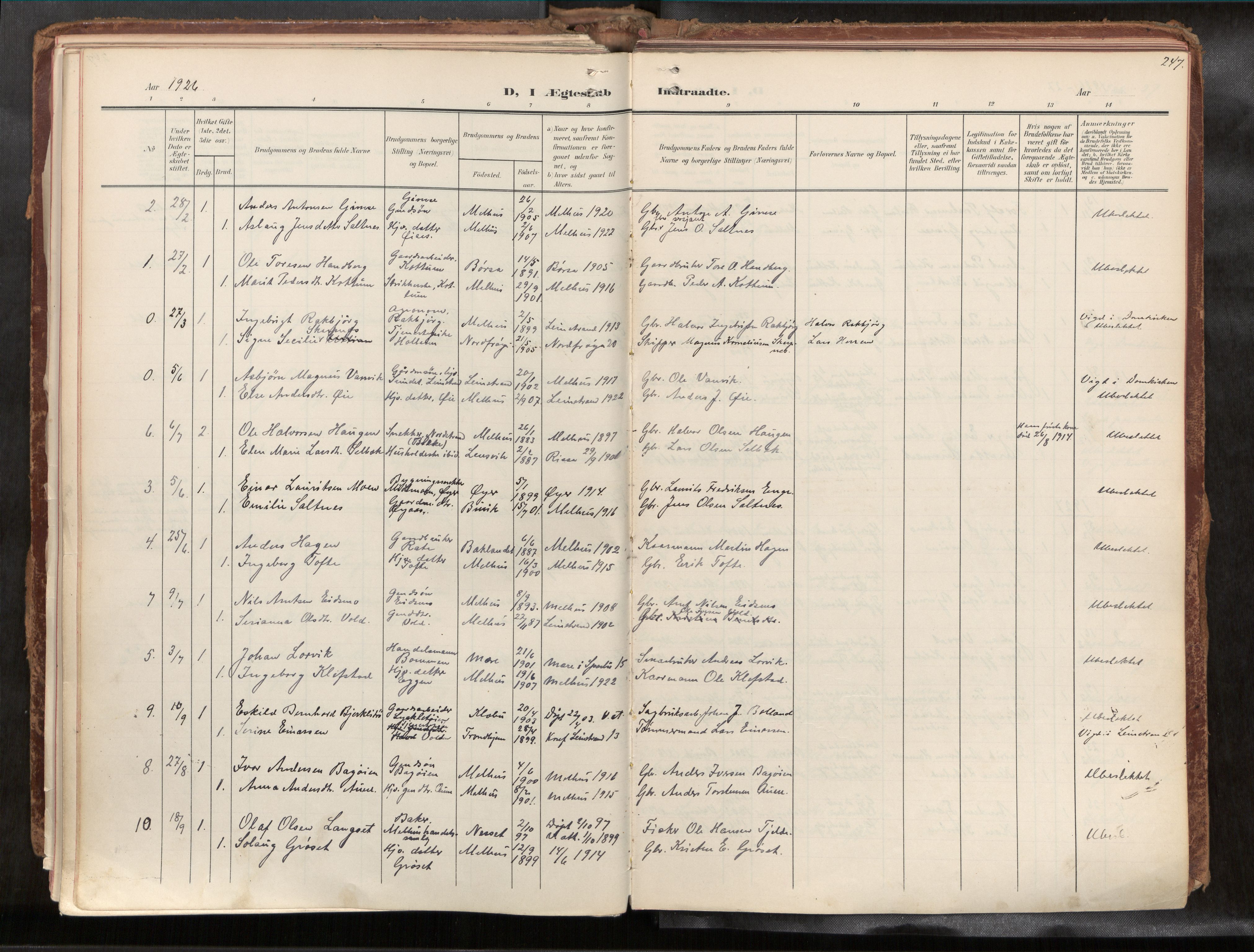 Ministerialprotokoller, klokkerbøker og fødselsregistre - Sør-Trøndelag, AV/SAT-A-1456/691/L1085b: Parish register (official) no. 691A18, 1908-1930, p. 247