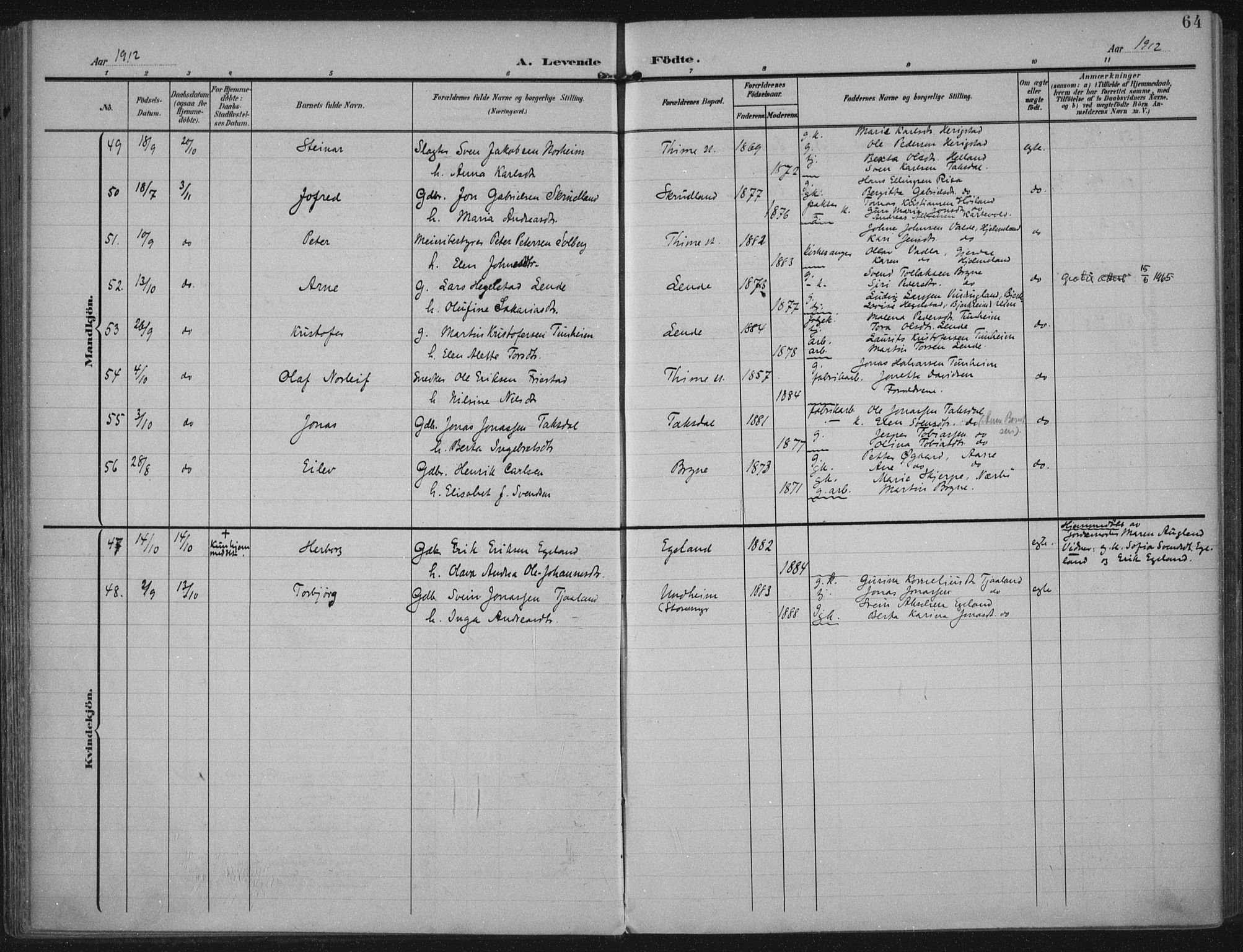 Lye sokneprestkontor, AV/SAST-A-101794/002/A/L0001: Parish register (official) no. A 12, 1904-1920, p. 64