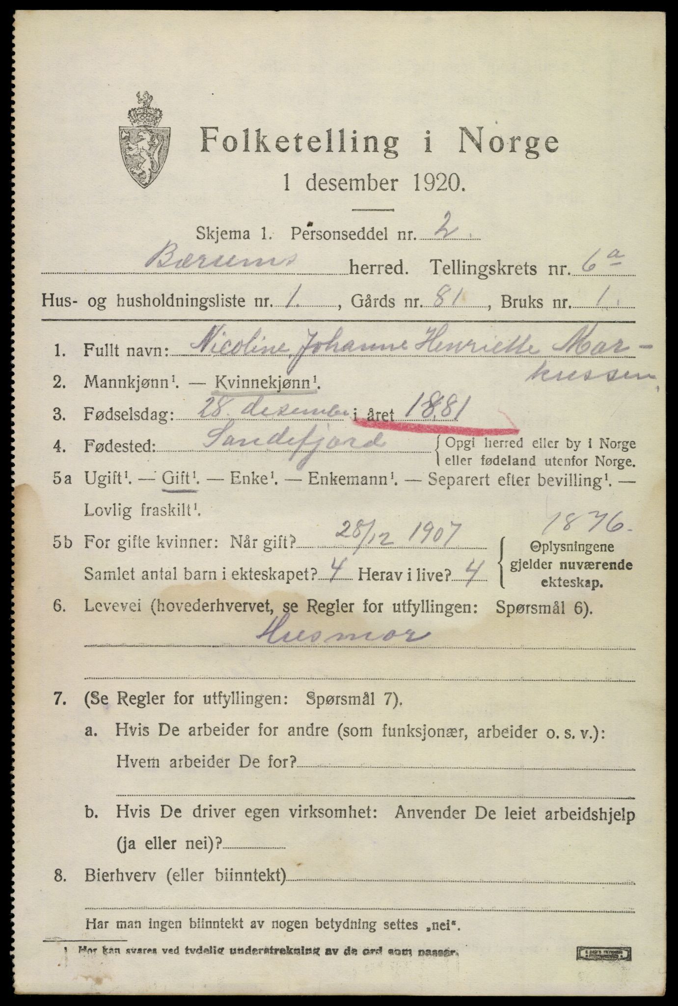 SAO, 1920 census for Bærum, 1920, p. 12148