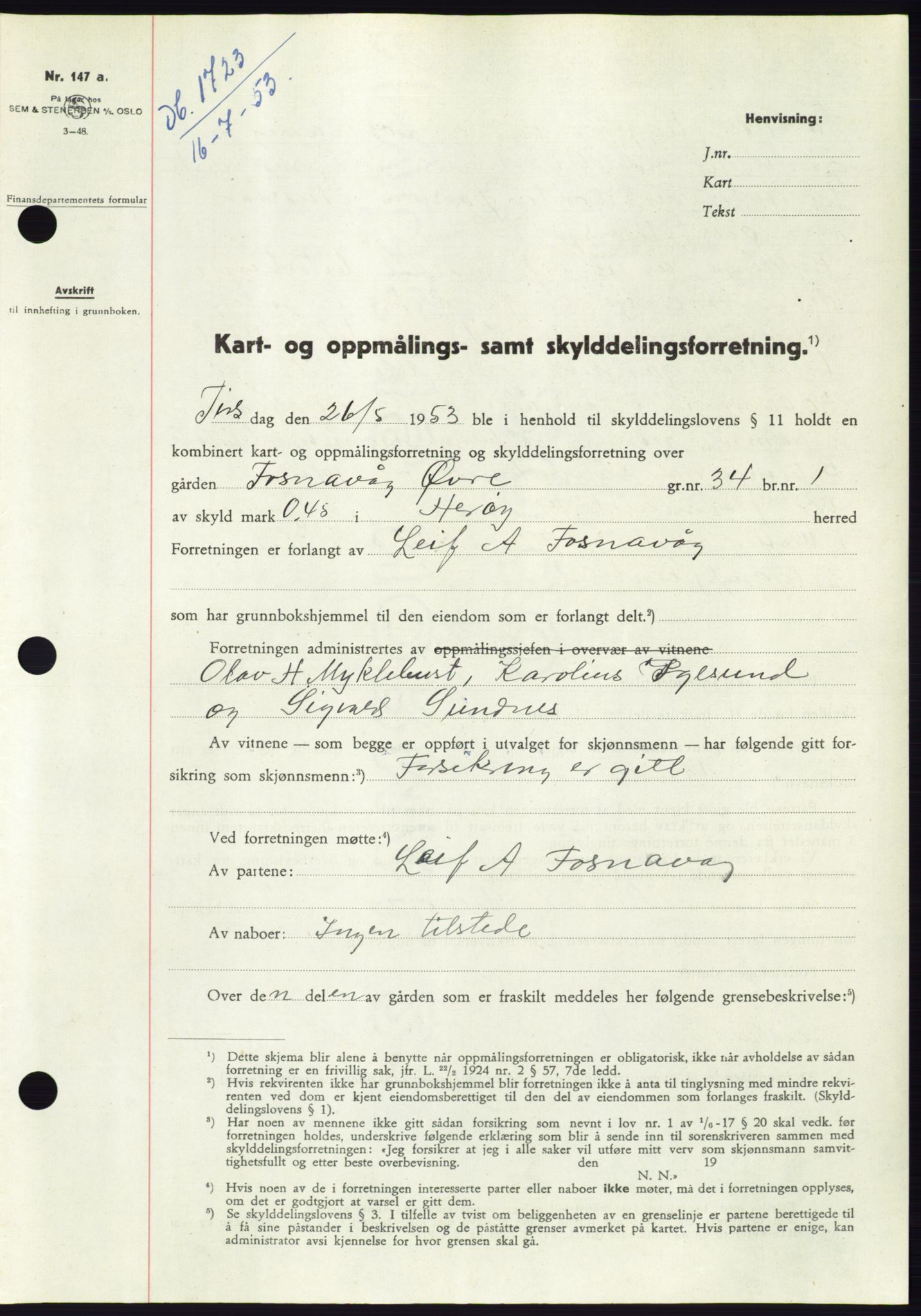 Søre Sunnmøre sorenskriveri, AV/SAT-A-4122/1/2/2C/L0095: Mortgage book no. 21A, 1953-1953, Diary no: : 1723/1953