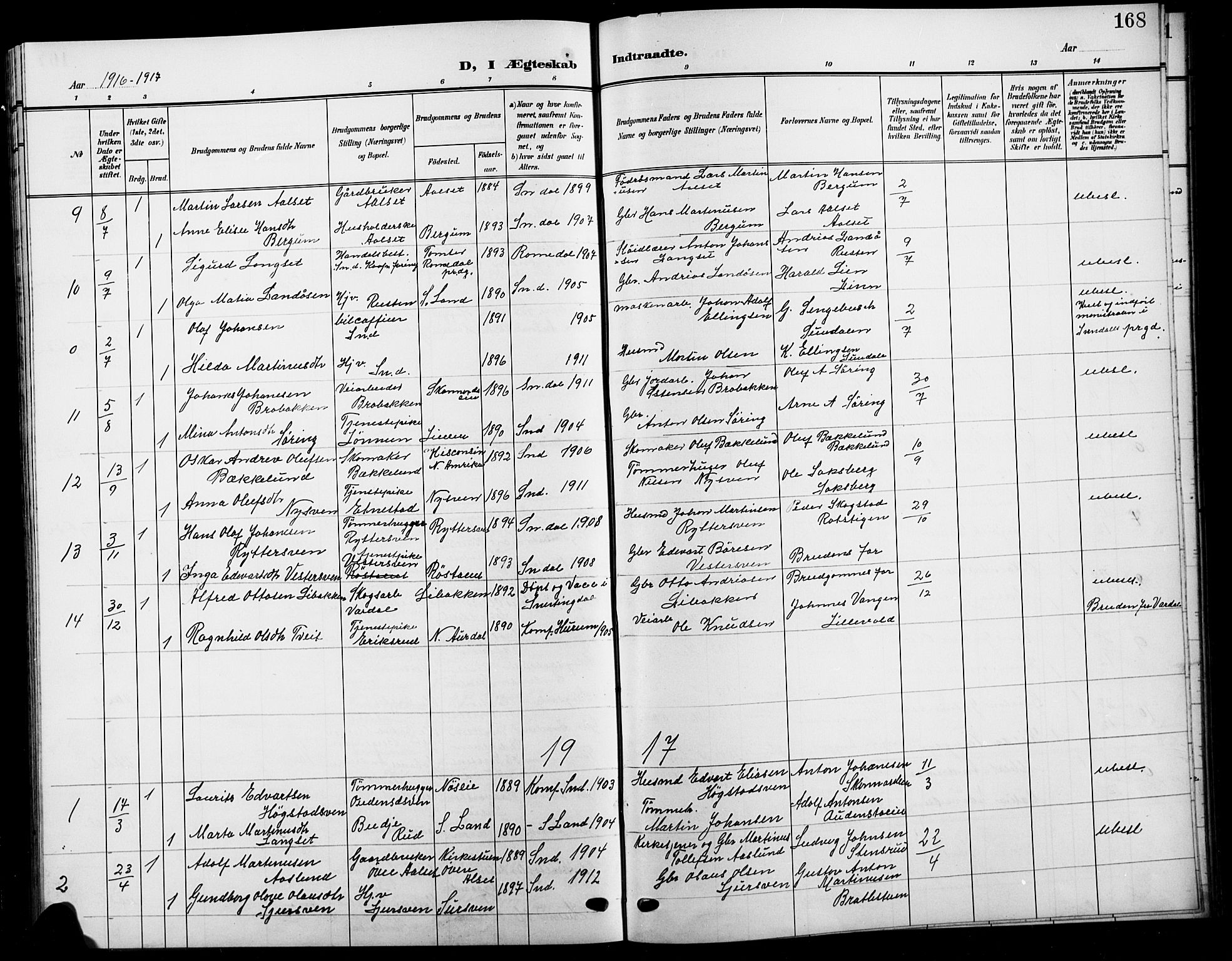 Biri prestekontor, SAH/PREST-096/H/Ha/Hab/L0005: Parish register (copy) no. 5, 1906-1919, p. 168