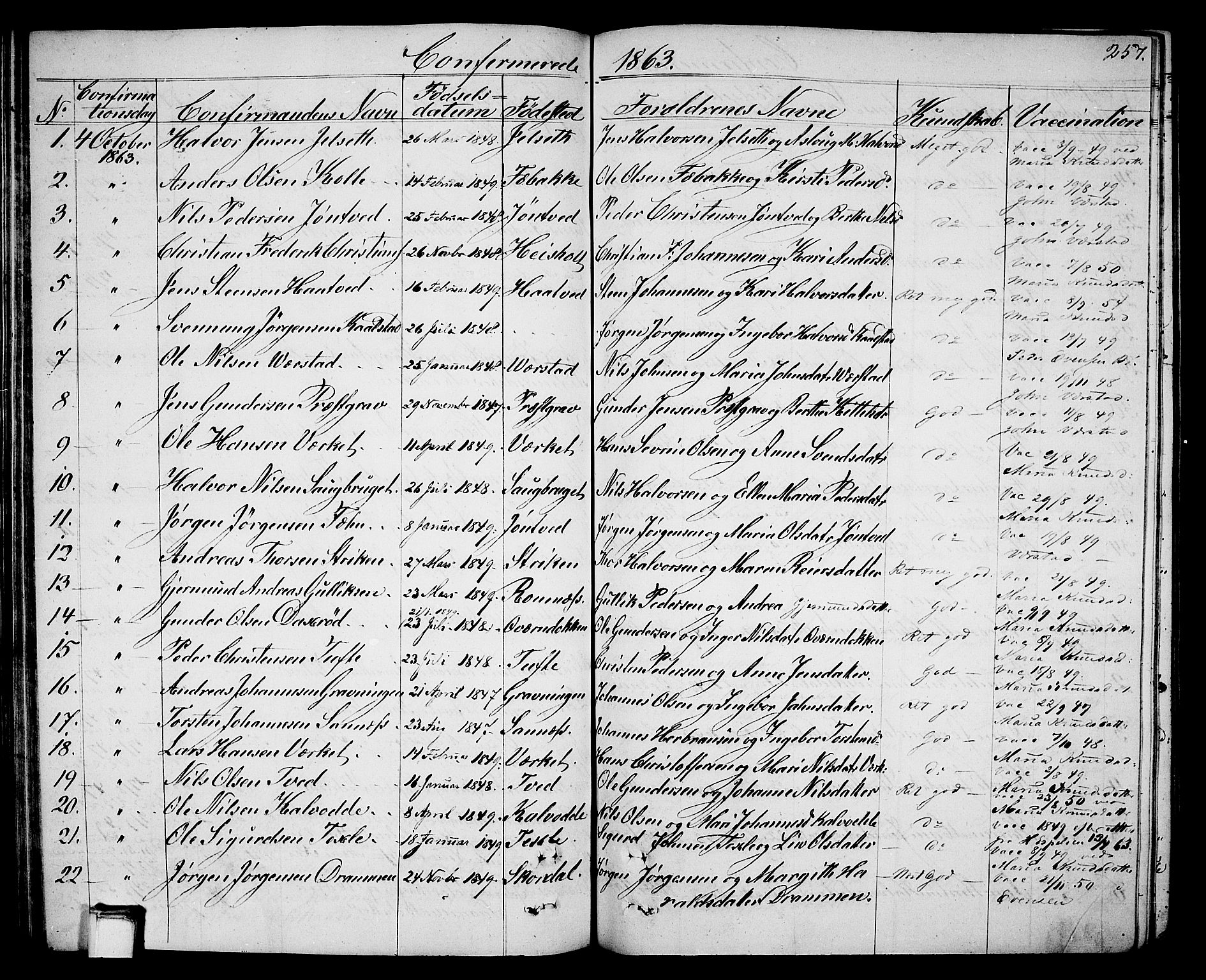 Holla kirkebøker, AV/SAKO-A-272/G/Ga/L0003: Parish register (copy) no. I 3, 1849-1866, p. 257
