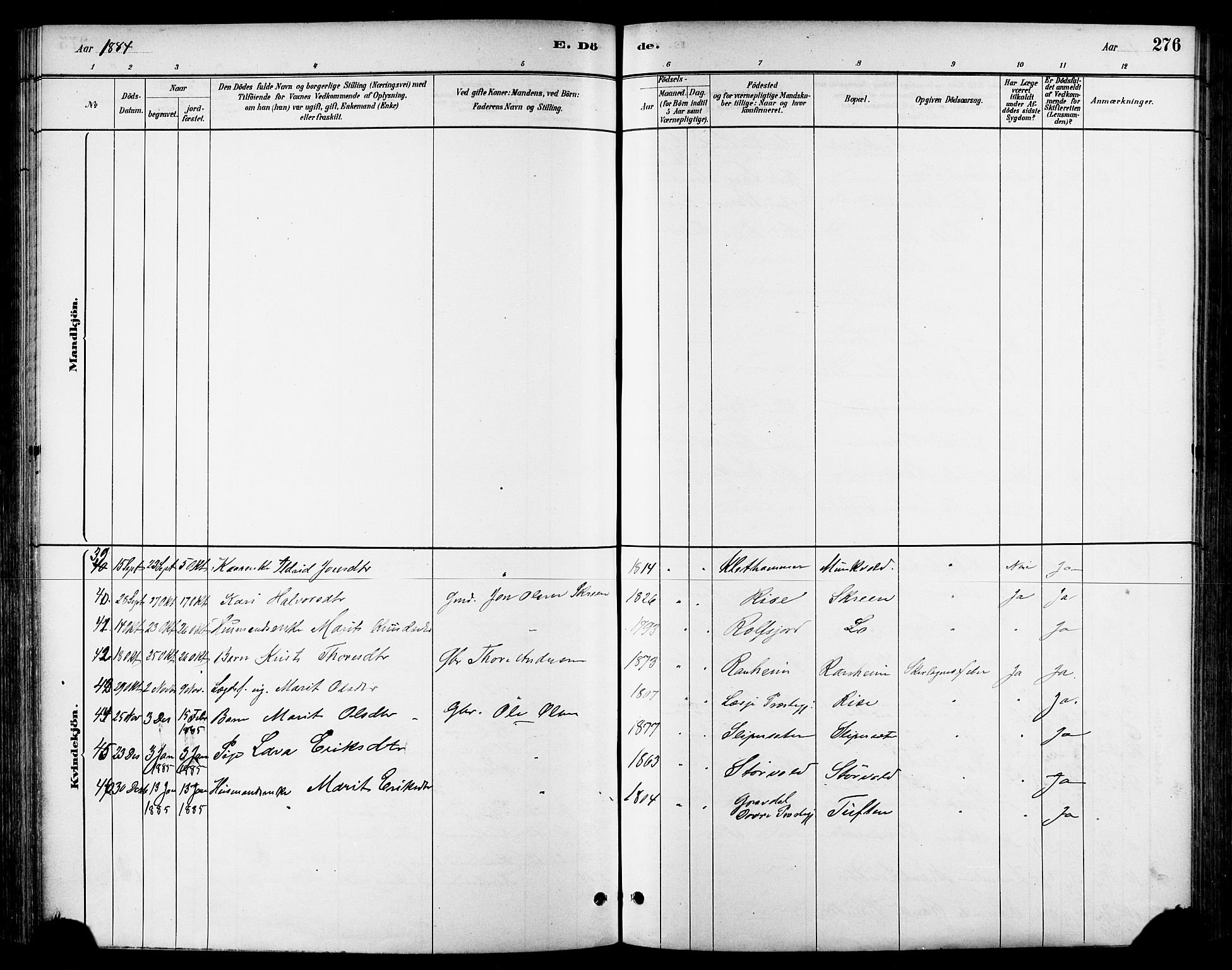 Ministerialprotokoller, klokkerbøker og fødselsregistre - Sør-Trøndelag, SAT/A-1456/678/L0901: Parish register (official) no. 678A10, 1881-1894, p. 276