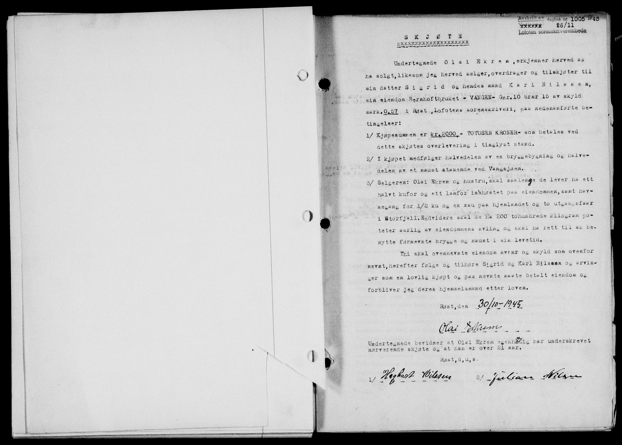 Lofoten sorenskriveri, SAT/A-0017/1/2/2C/L0013a: Mortgage book no. 13a, 1944-1946, Diary no: : 1005/1945