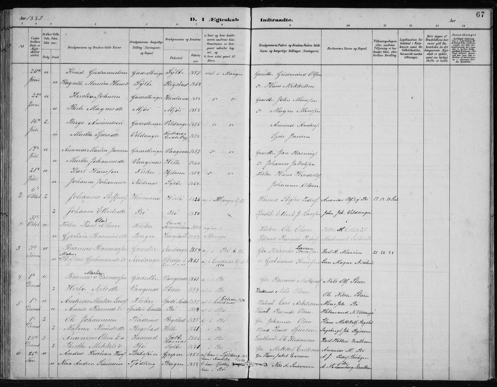 Manger sokneprestembete, SAB/A-76801/H/Hab: Parish register (copy) no. B 2, 1882-1890, p. 67