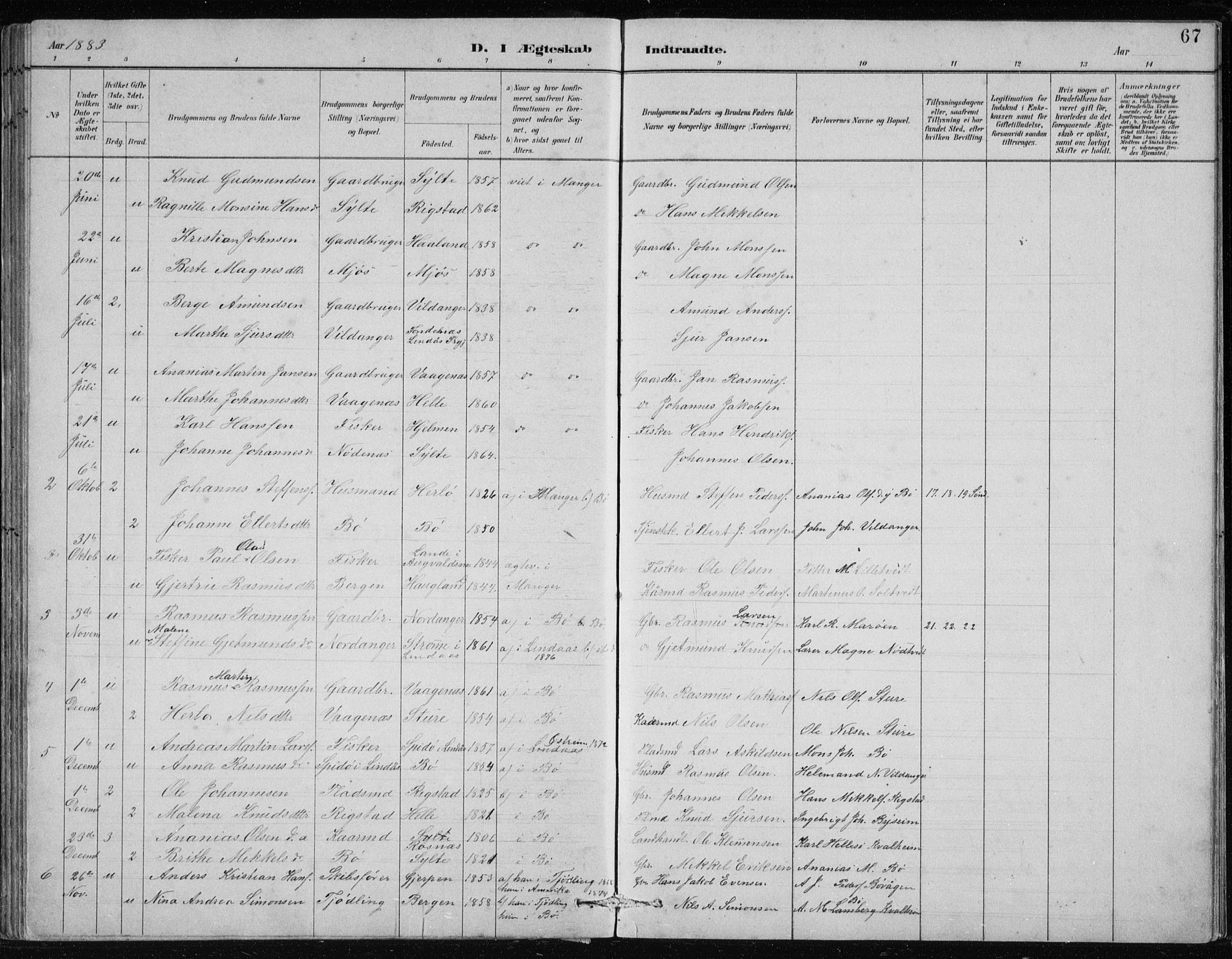Manger sokneprestembete, AV/SAB-A-76801/H/Hab: Parish register (copy) no. B 2, 1882-1890, p. 67
