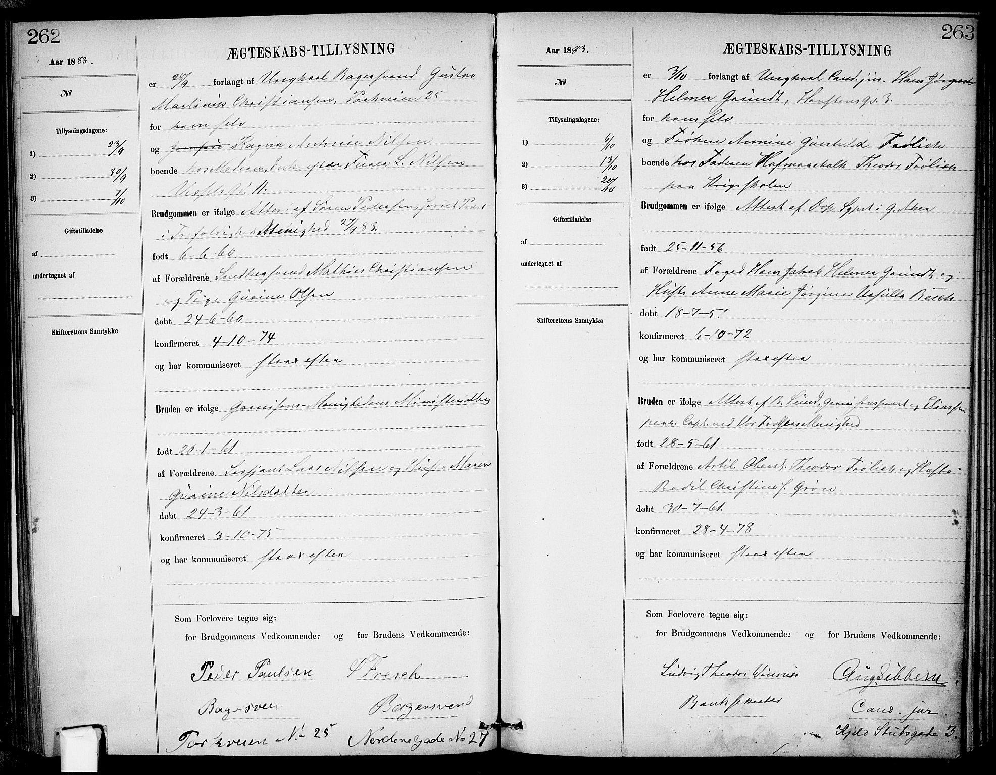 Garnisonsmenigheten Kirkebøker, AV/SAO-A-10846/H/Ha/L0007: Banns register no. I 7, 1872-1893, p. 262-263