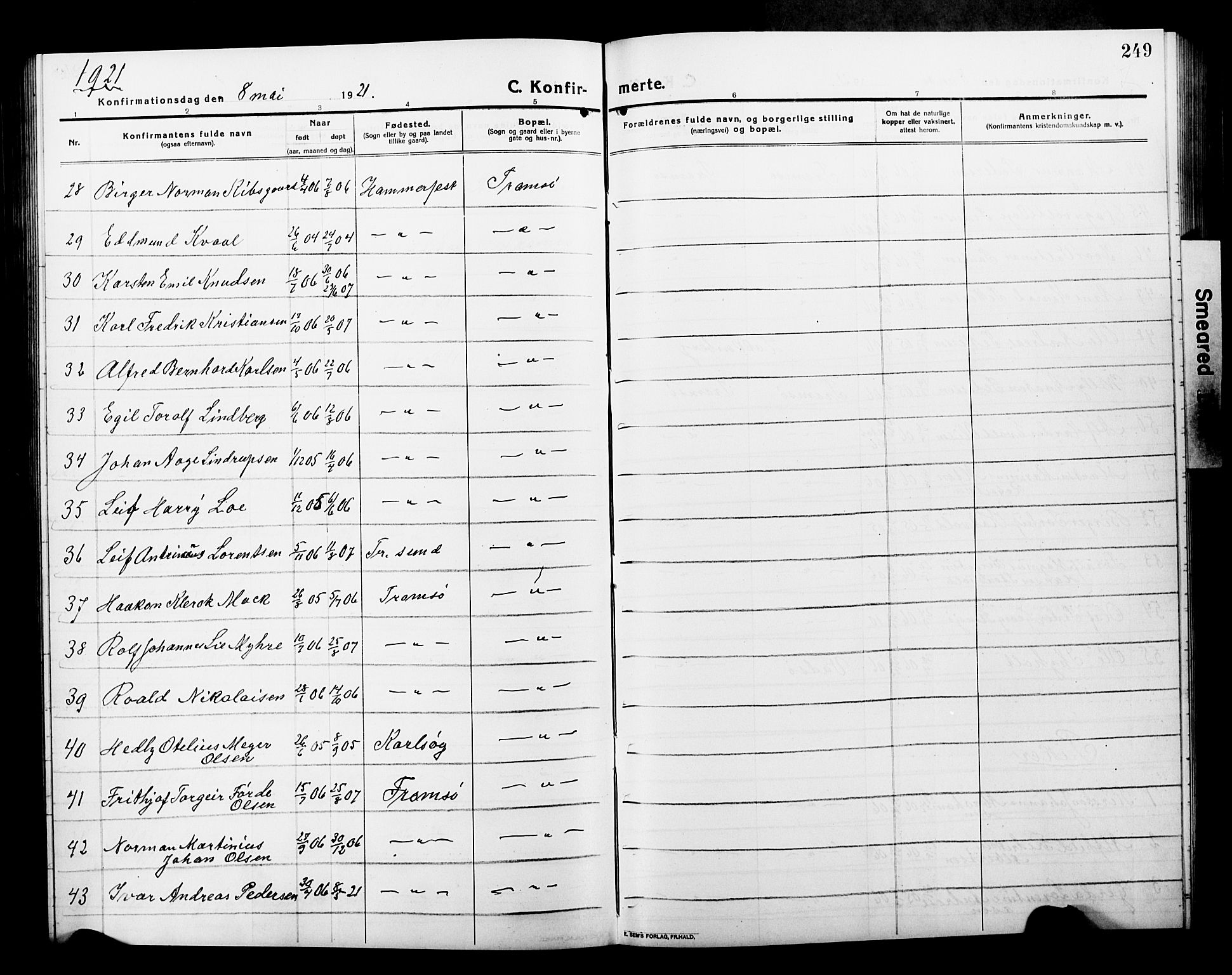 Tromsø sokneprestkontor/stiftsprosti/domprosti, AV/SATØ-S-1343/G/Gb/L0009klokker: Parish register (copy) no. 9, 1915-1925, p. 249