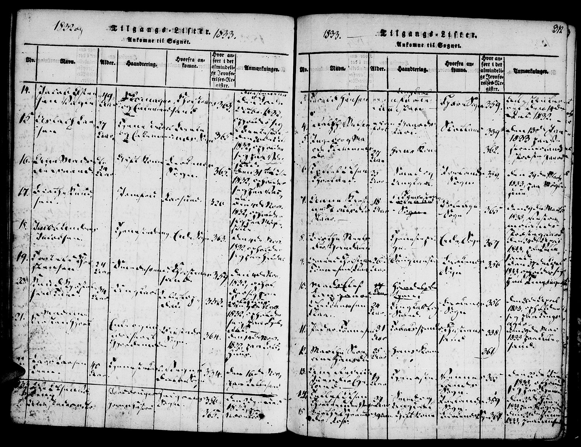 Vestre Moland sokneprestkontor, SAK/1111-0046/F/Fa/Fab/L0003: Parish register (official) no. A 3, 1816-1843, p. 312