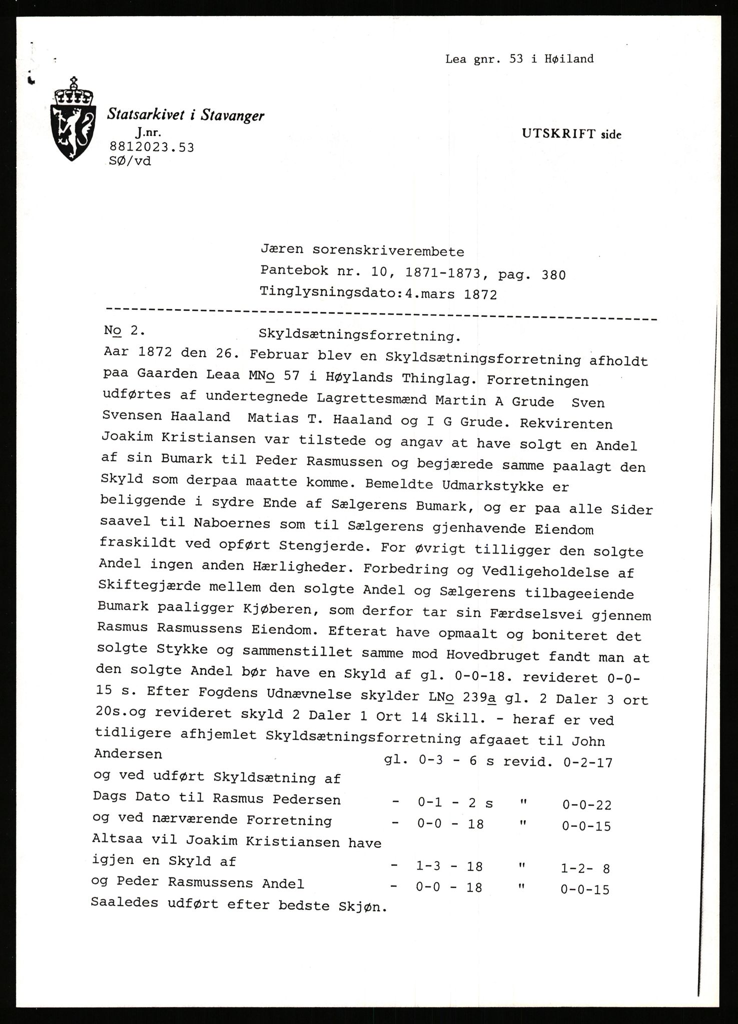 Statsarkivet i Stavanger, SAST/A-101971/03/Y/Yj/L0052: Avskrifter sortert etter gårdsnavn: Landråk  - Leidland, 1750-1930, p. 527