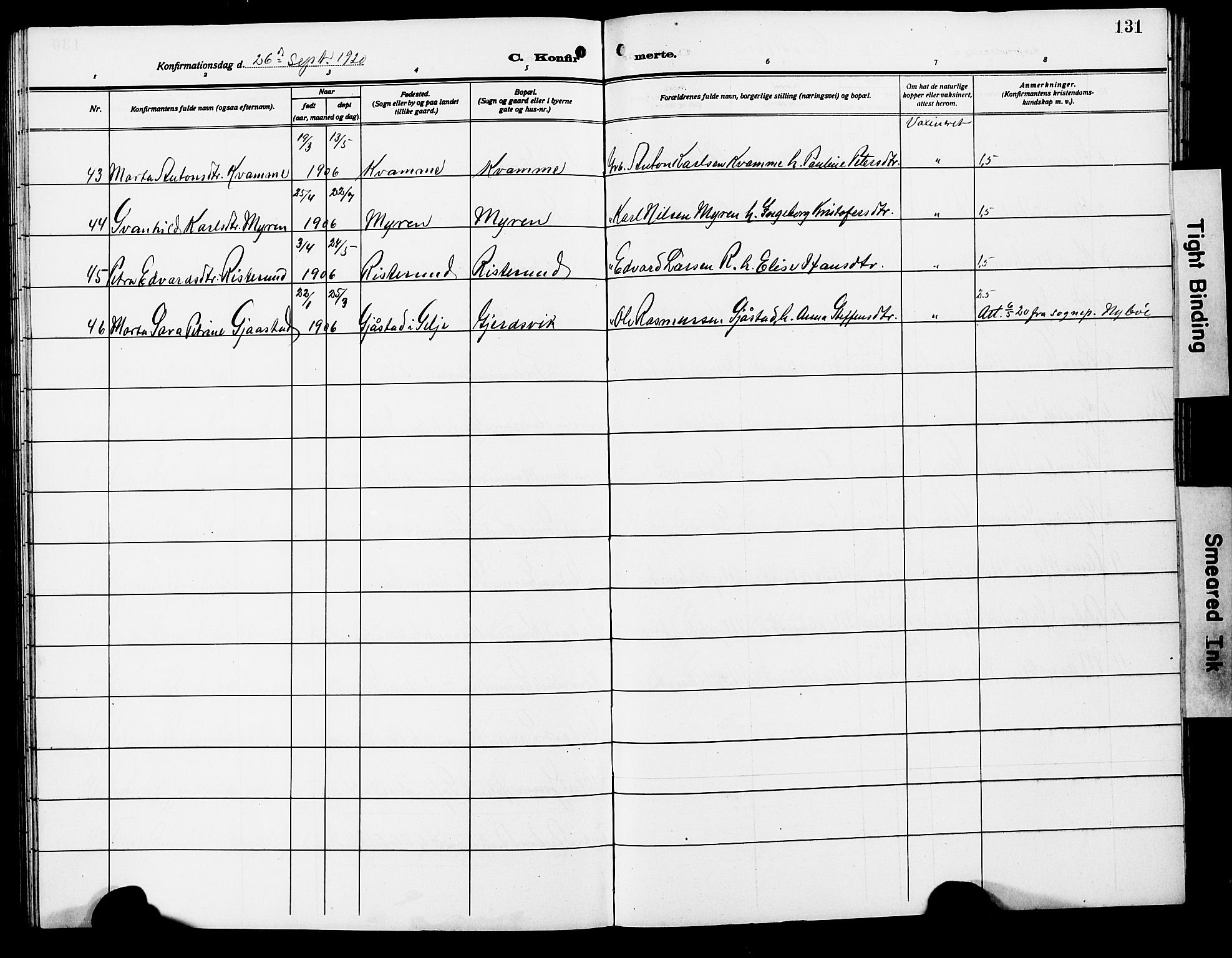 Ministerialprotokoller, klokkerbøker og fødselsregistre - Møre og Romsdal, AV/SAT-A-1454/503/L0050: Parish register (copy) no. 503C05, 1909-1922, p. 131