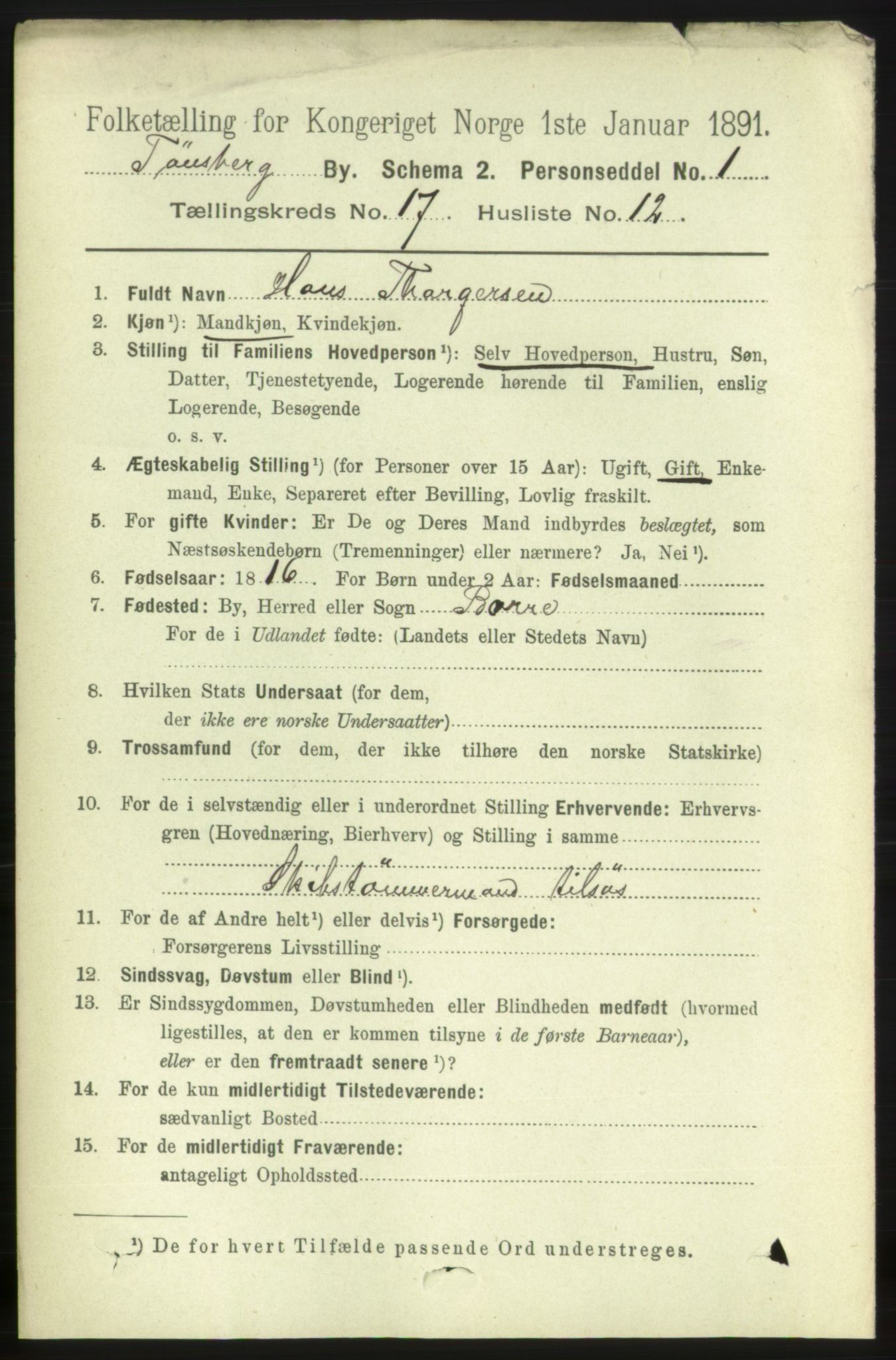 RA, 1891 census for 0705 Tønsberg, 1891, p. 5096