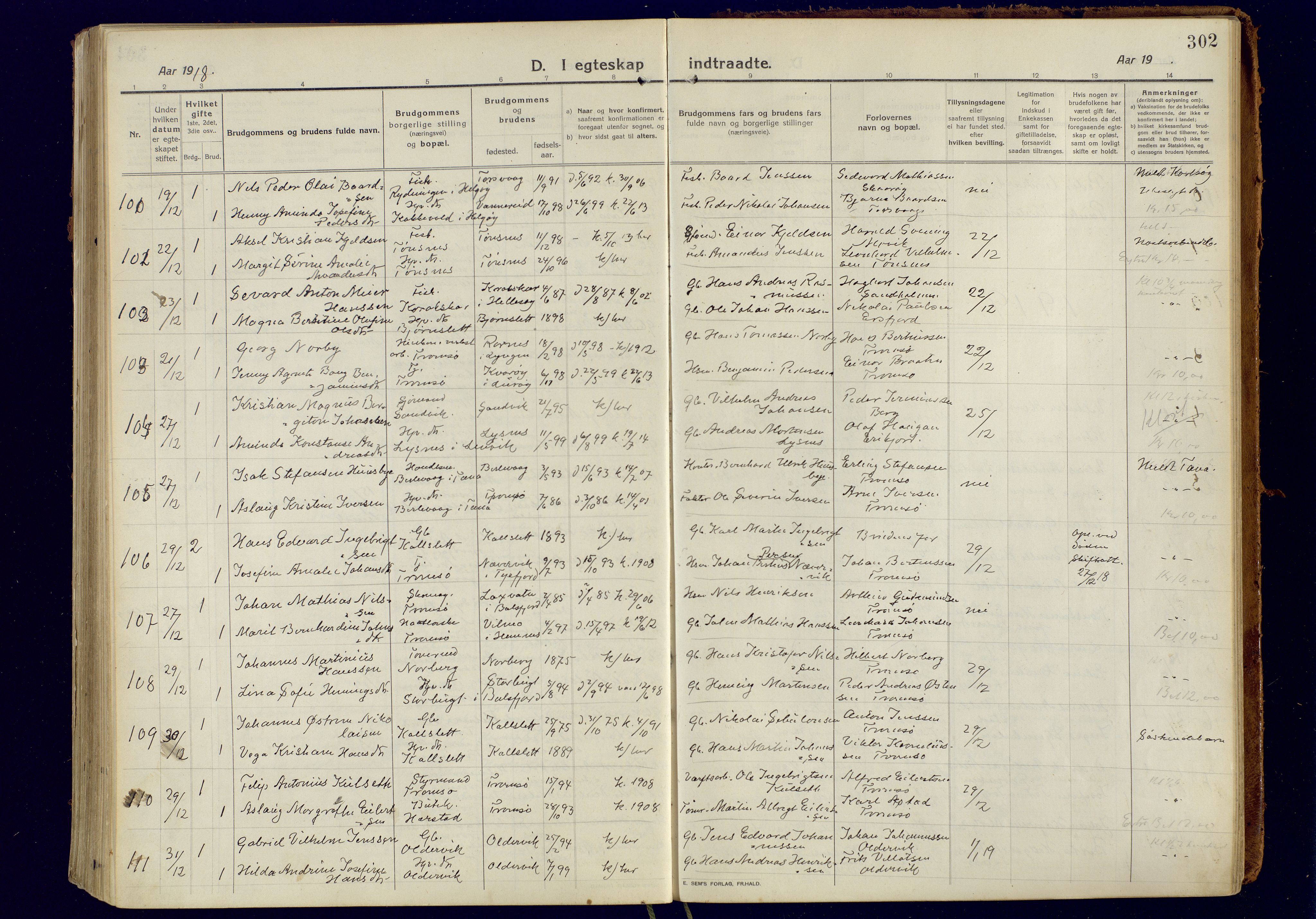 Tromsøysund sokneprestkontor, AV/SATØ-S-1304/G/Ga/L0008kirke: Parish register (official) no. 8, 1914-1922, p. 302