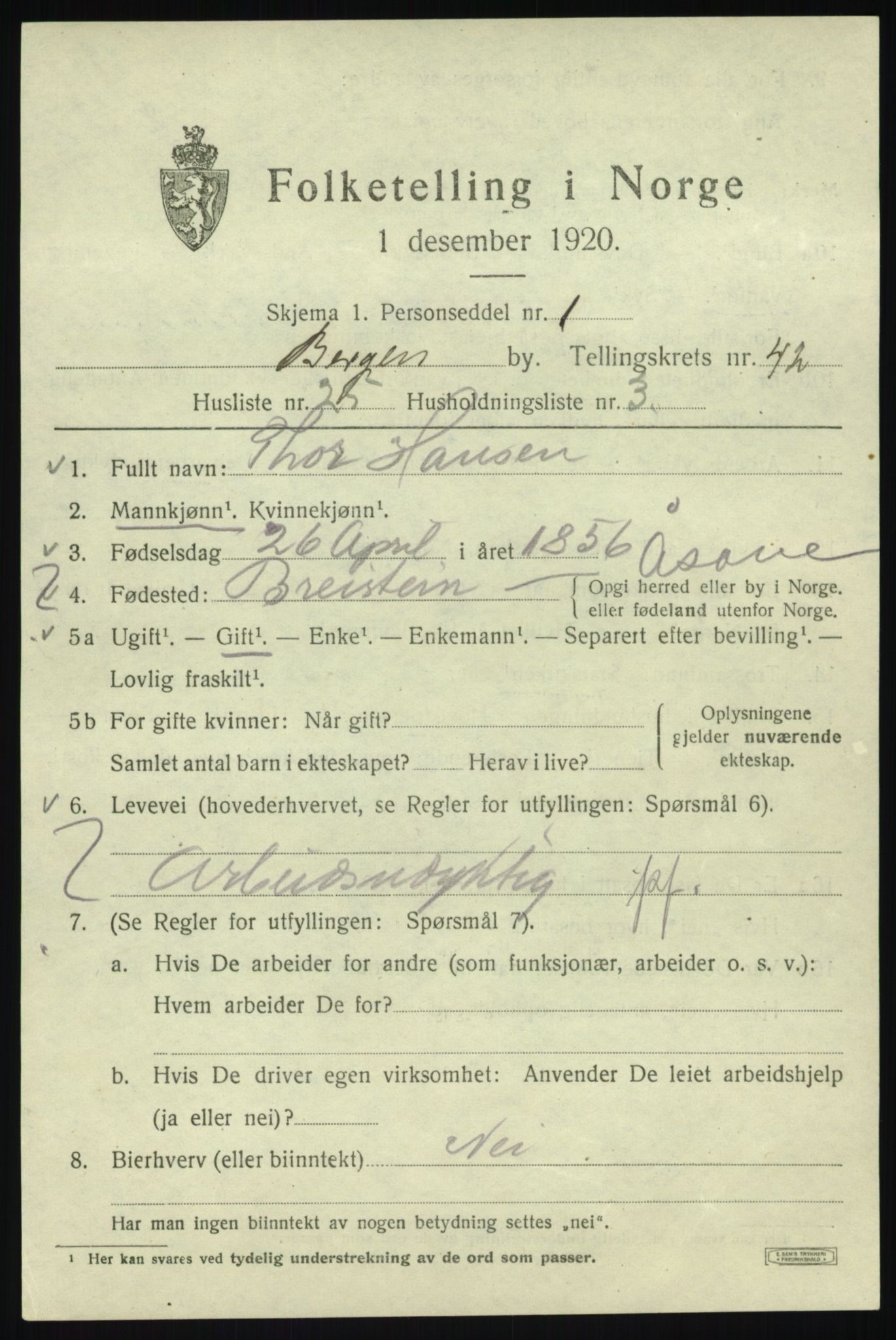 SAB, 1920 census for Bergen, 1920, p. 110399