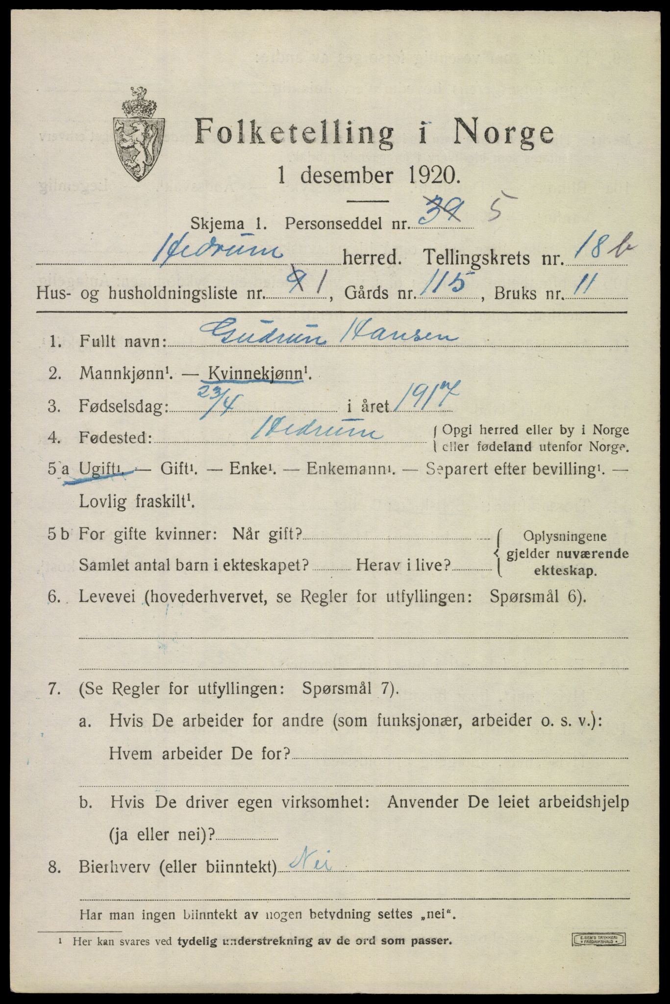 SAKO, 1920 census for Hedrum, 1920, p. 11017