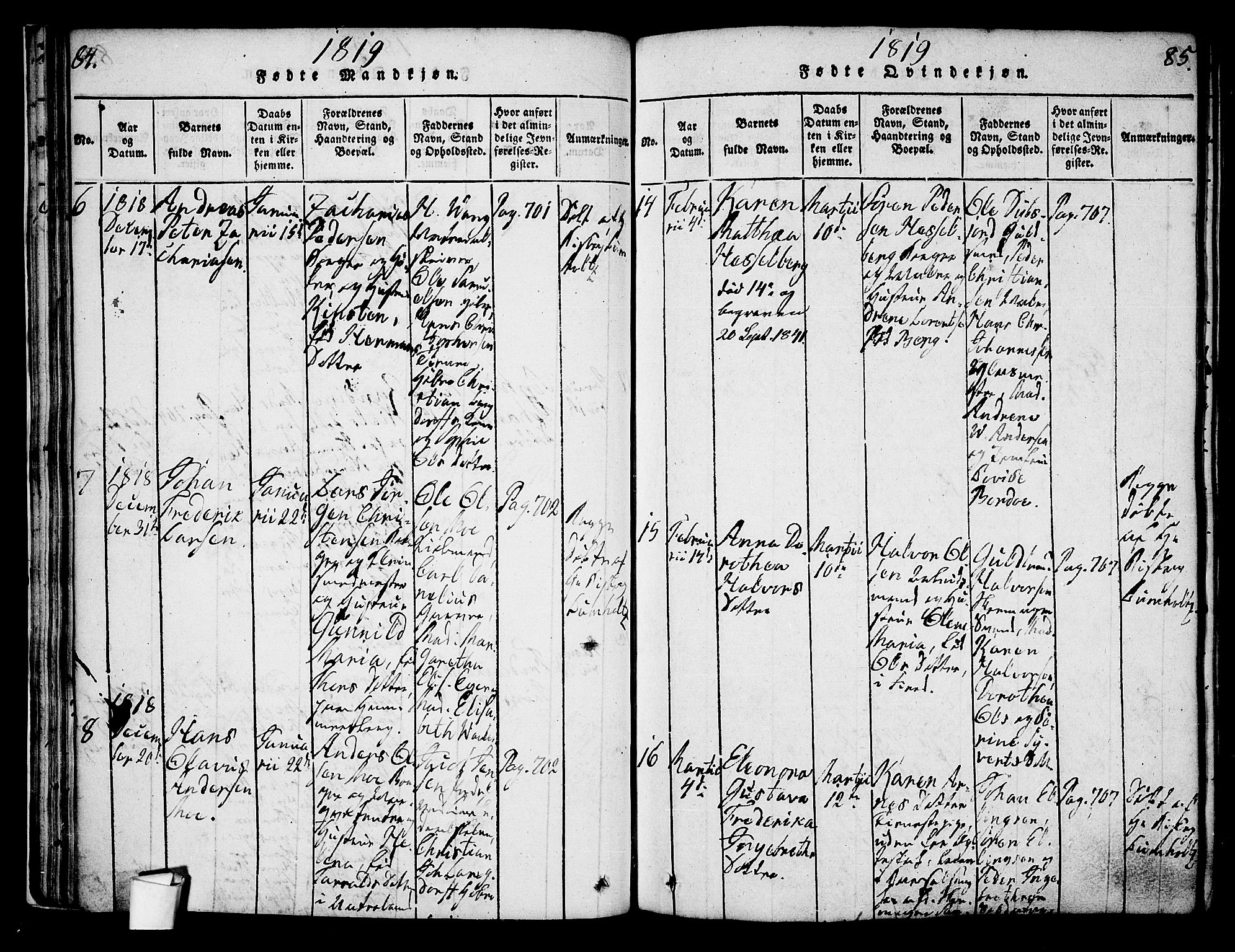 Oslo domkirke Kirkebøker, SAO/A-10752/G/Ga/L0001: Parish register (copy) no. 1, 1817-1825, p. 84-85