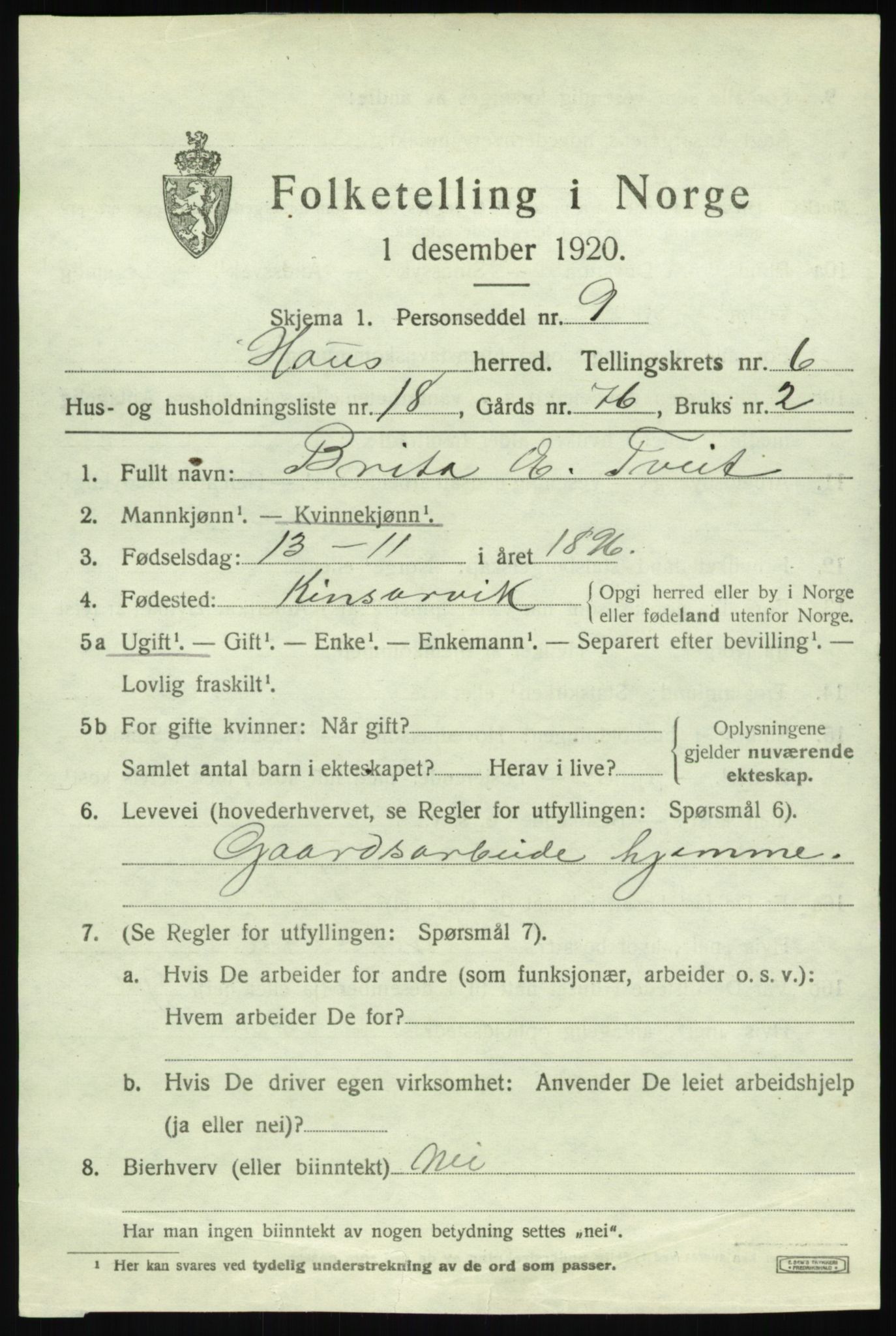 SAB, 1920 census for Haus, 1920, p. 4147