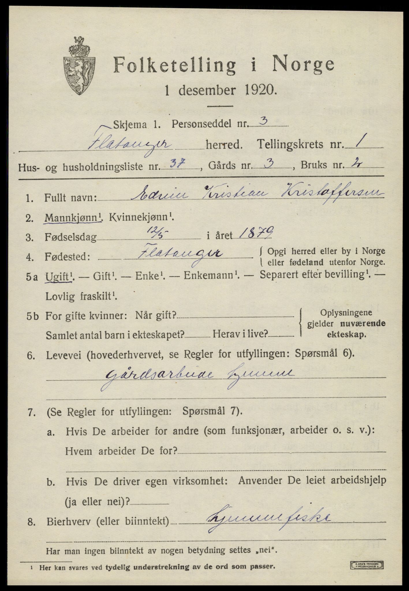 SAT, 1920 census for Flatanger, 1920, p. 1080