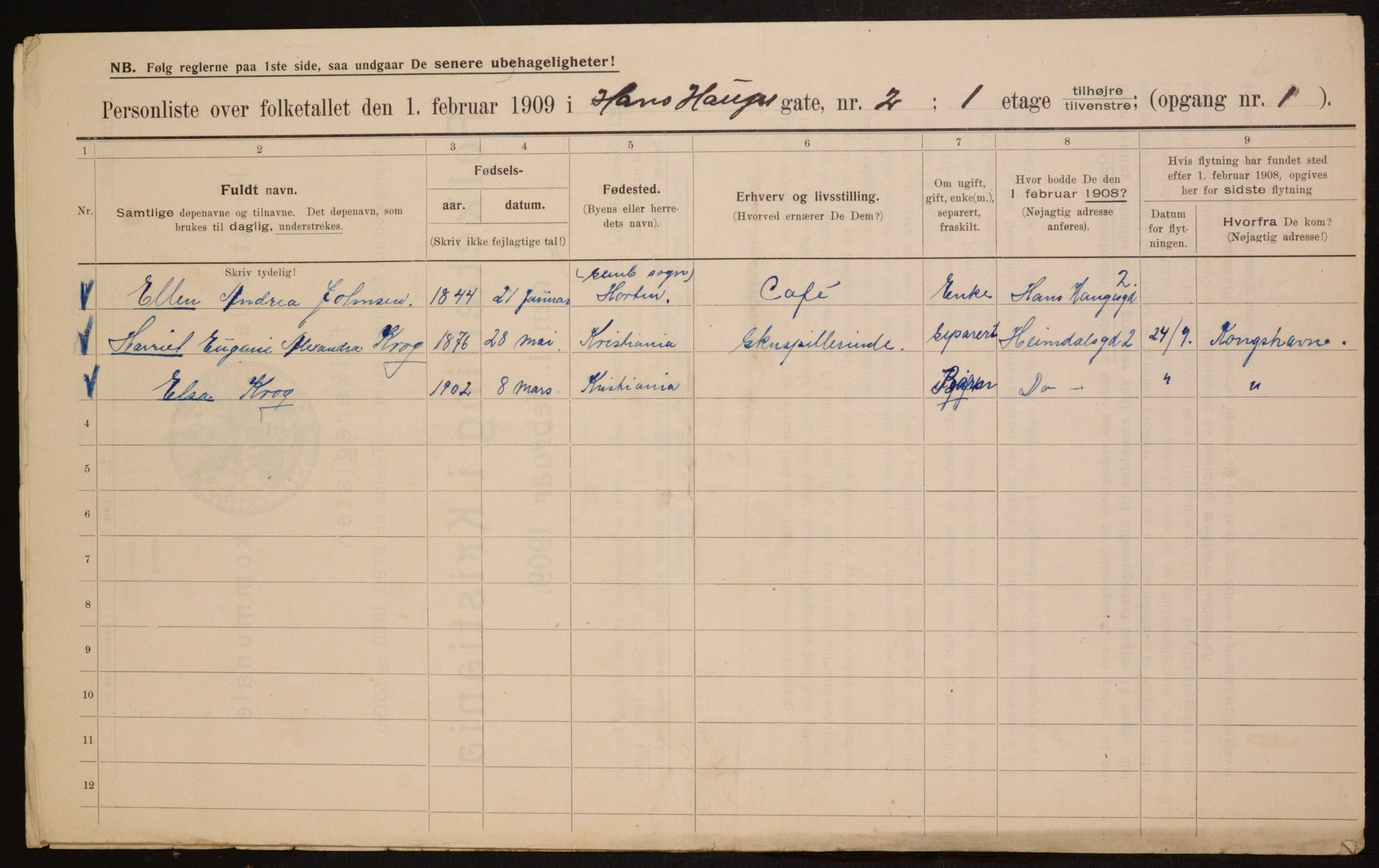 OBA, Municipal Census 1909 for Kristiania, 1909, p. 31461