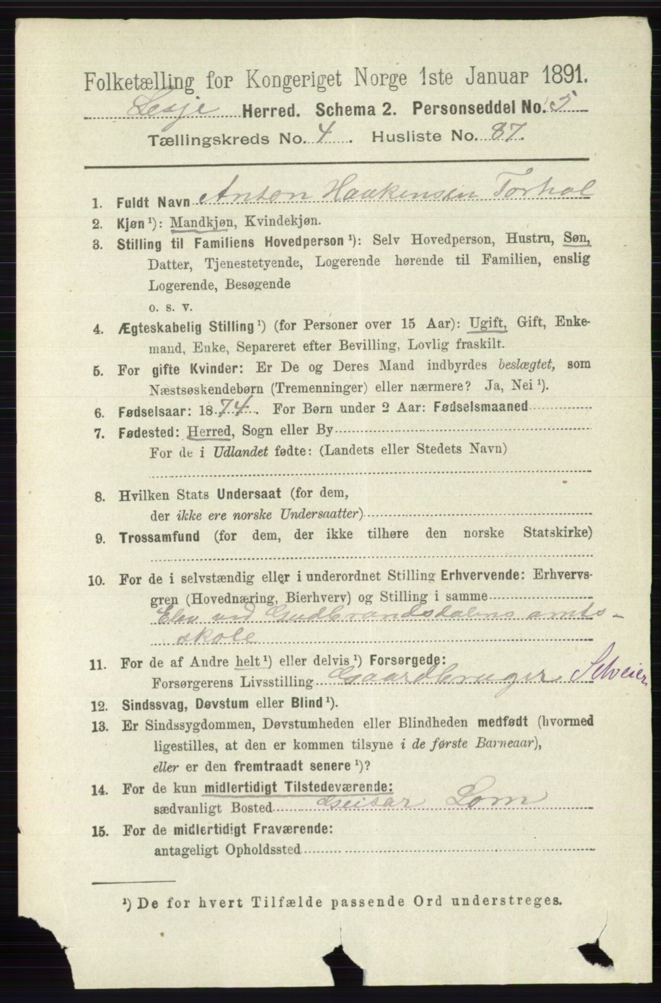 RA, 1891 census for 0512 Lesja, 1891, p. 1585