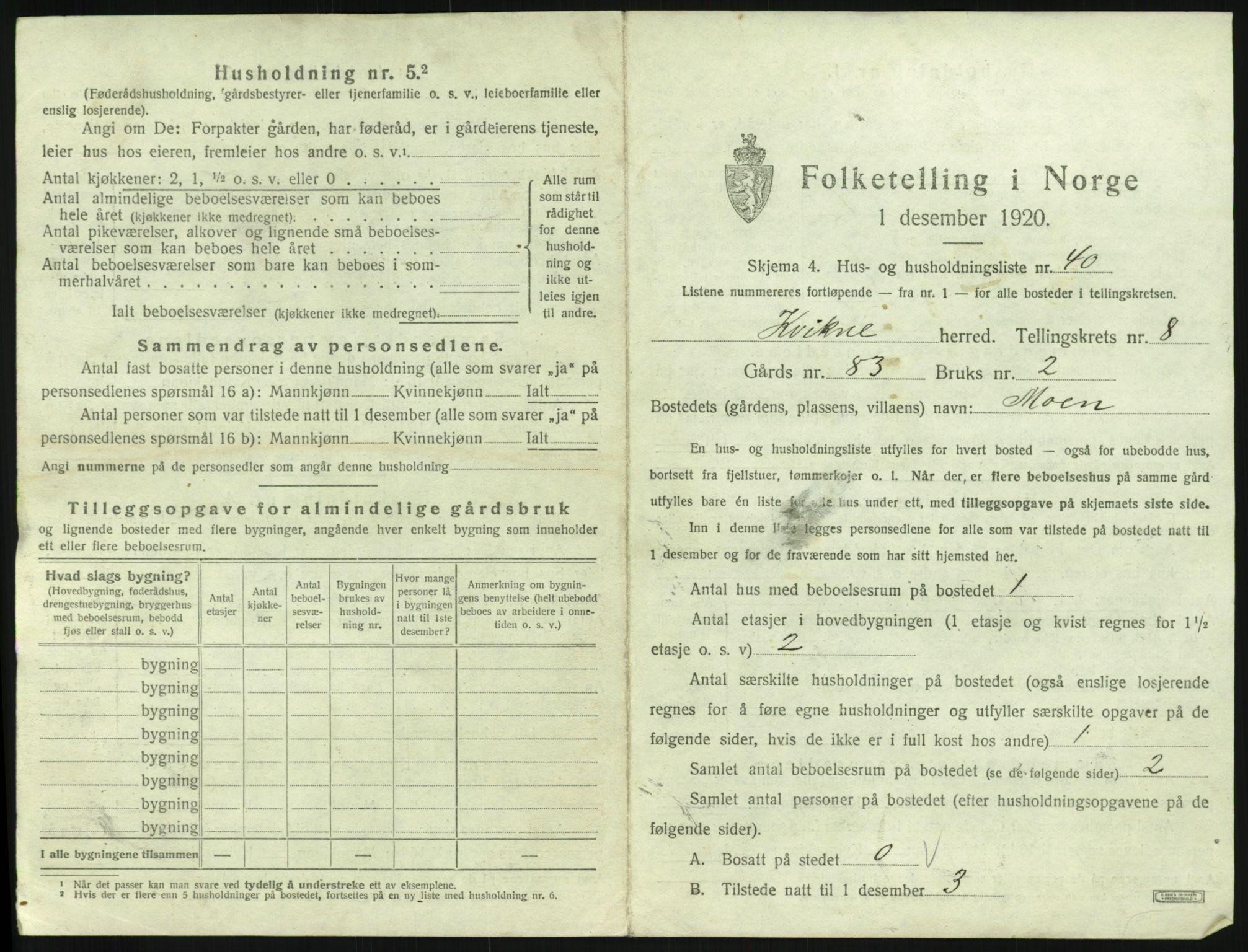 SAH, 1920 census for Kvikne, 1920, p. 580