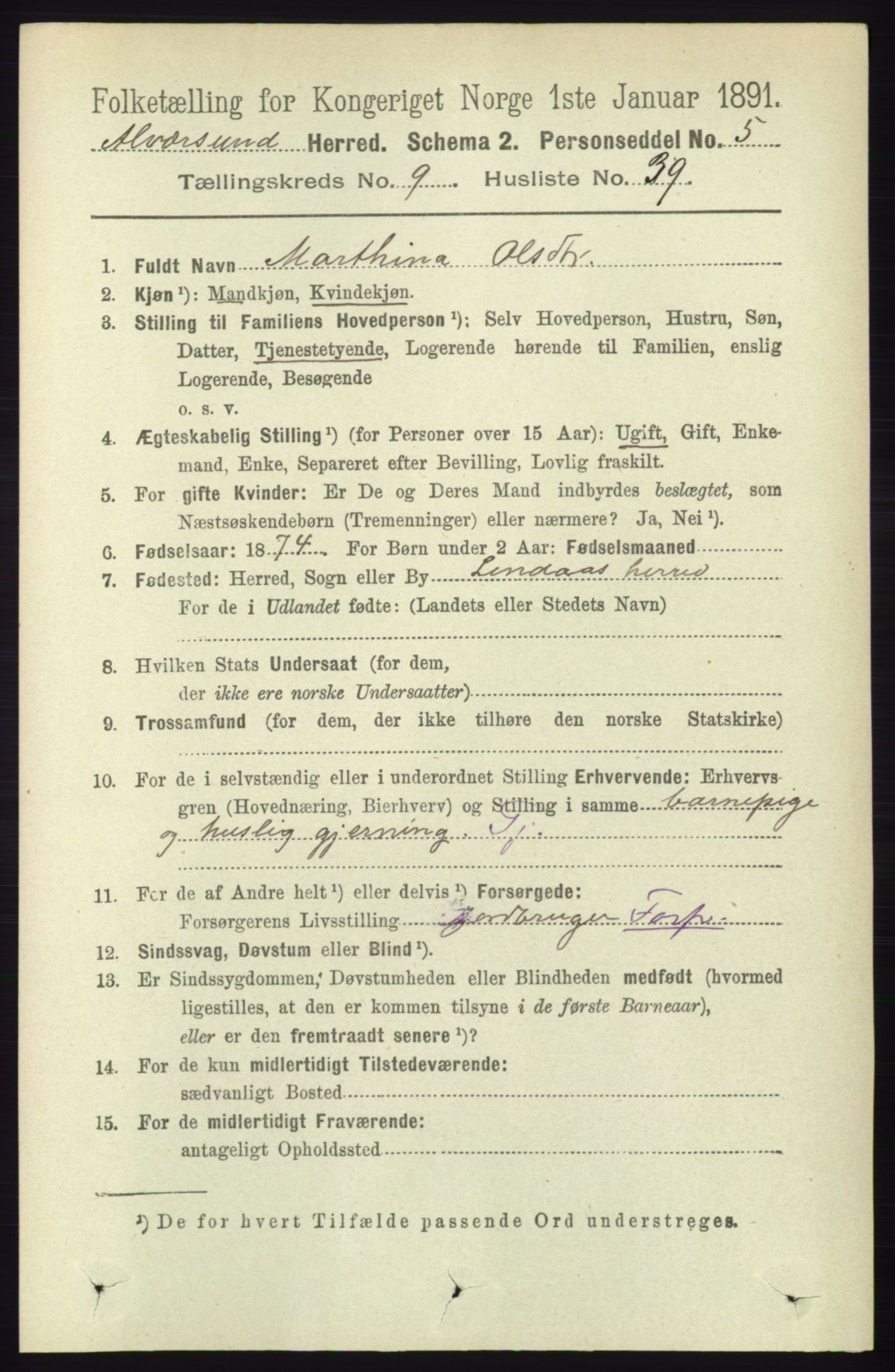 RA, 1891 census for 1257 Alversund, 1891, p. 3358