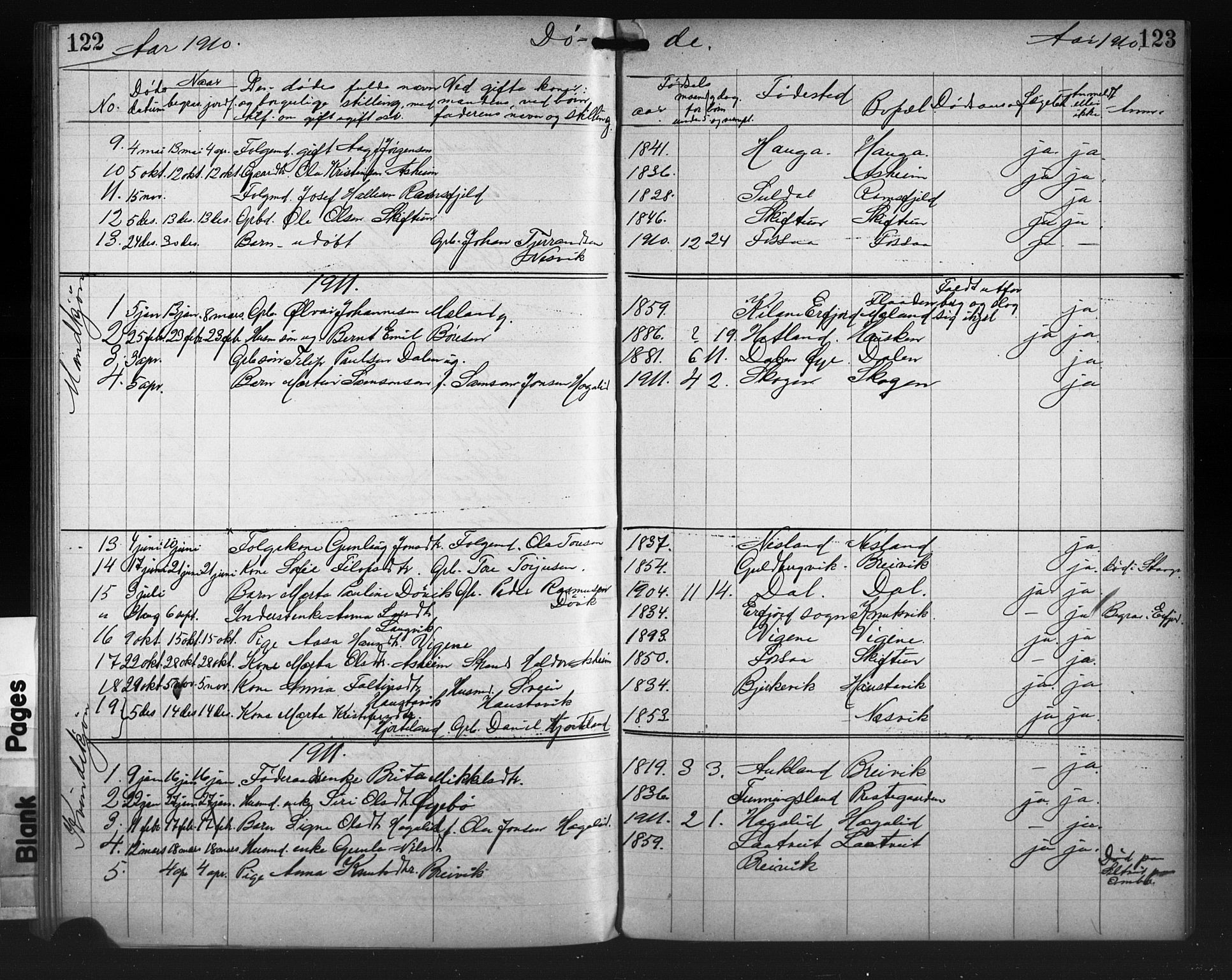 Hjelmeland sokneprestkontor, SAST/A-101843/01/V/L0009: Parish register (copy) no. B 9, 1909-1921, p. 122-123