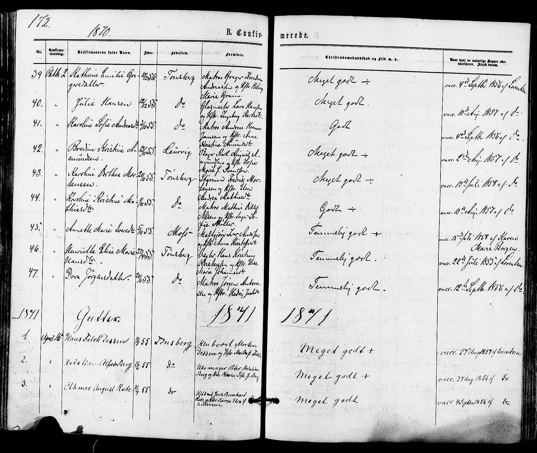 Tønsberg kirkebøker, SAKO/A-330/F/Fa/L0009: Parish register (official) no. I 9, 1865-1873, p. 172