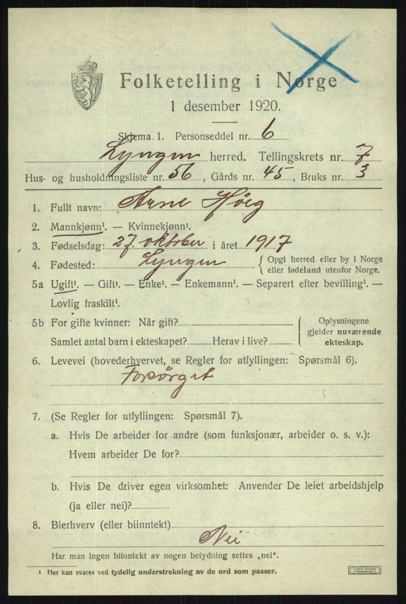 SATØ, 1920 census for Lyngen, 1920, p. 7332