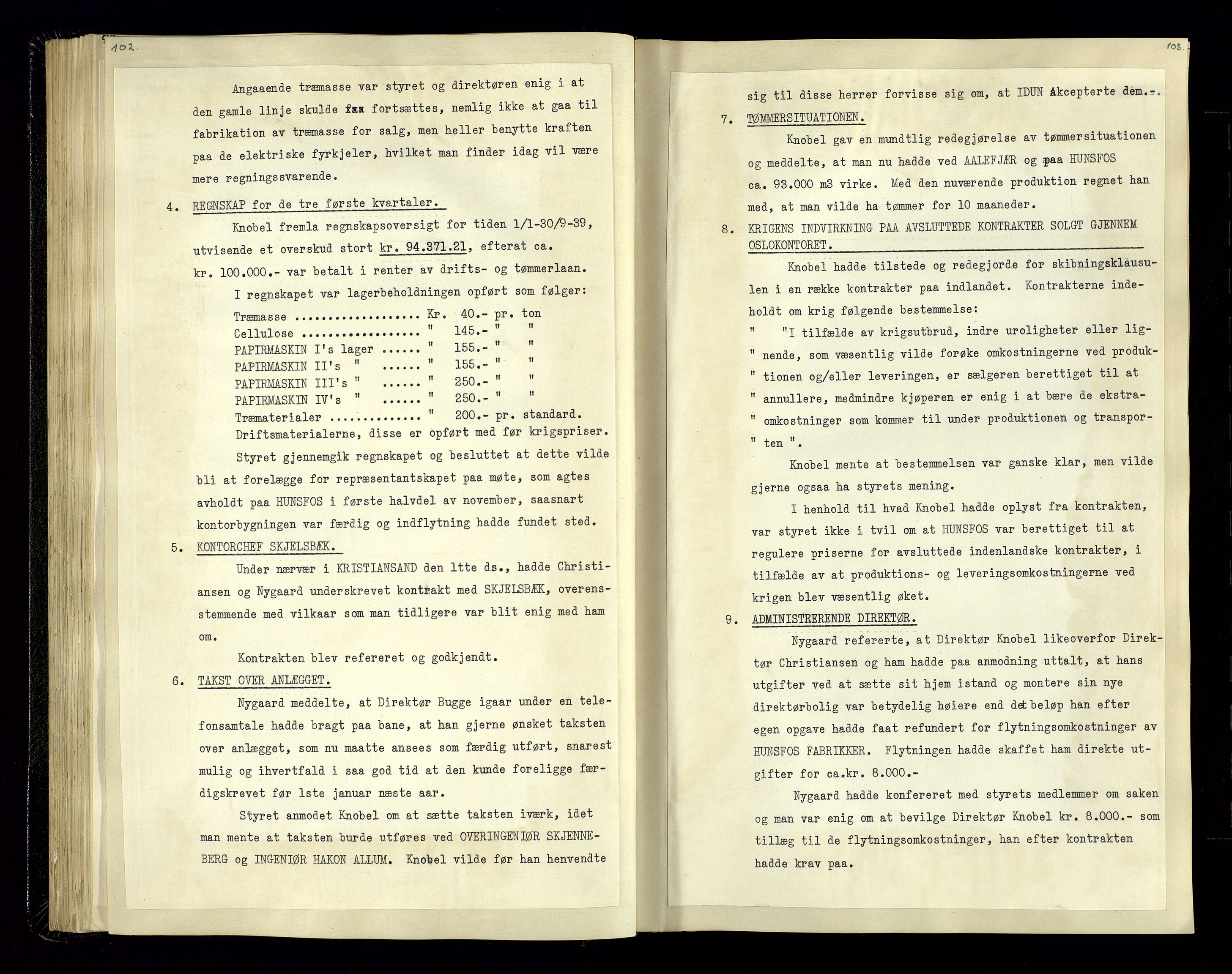 Hunsfos fabrikker, AV/SAK-D/1440/02/L0006: Referatprotokoll fra styremøter, 1938-1950, p. 102-103