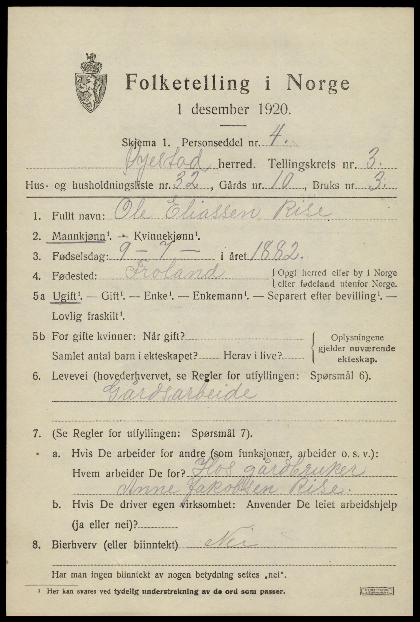 SAK, 1920 census for Øyestad, 1920, p. 3022