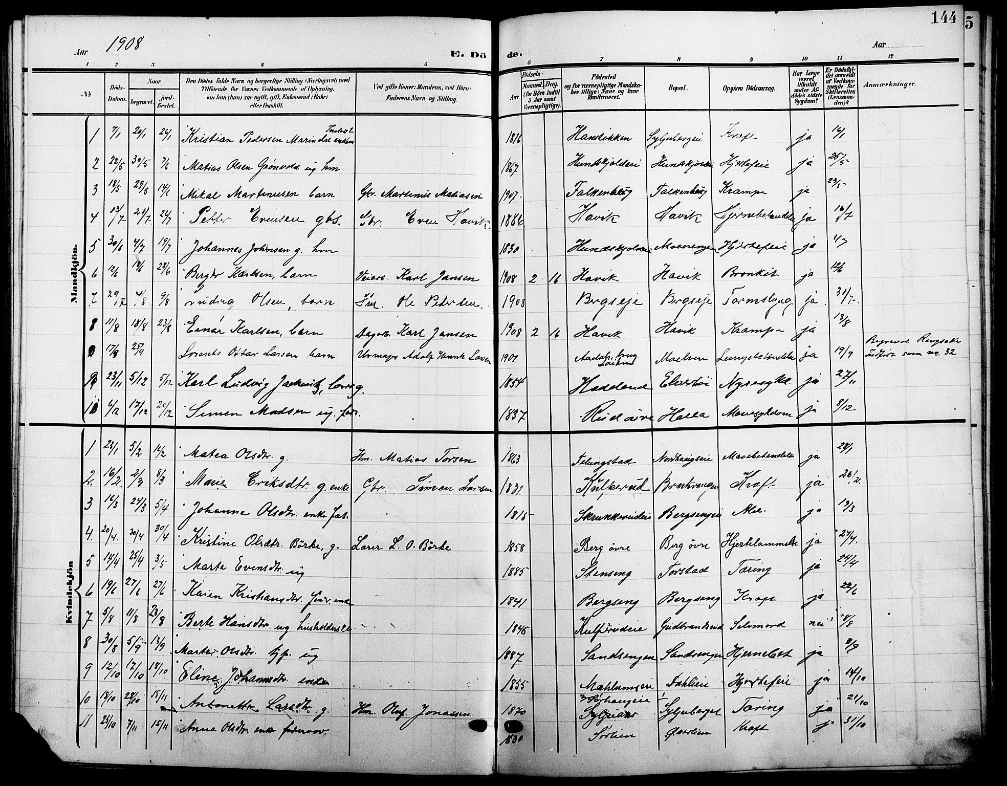 Ringsaker prestekontor, SAH/PREST-014/L/La/L0016: Parish register (copy) no. 16, 1905-1920, p. 144