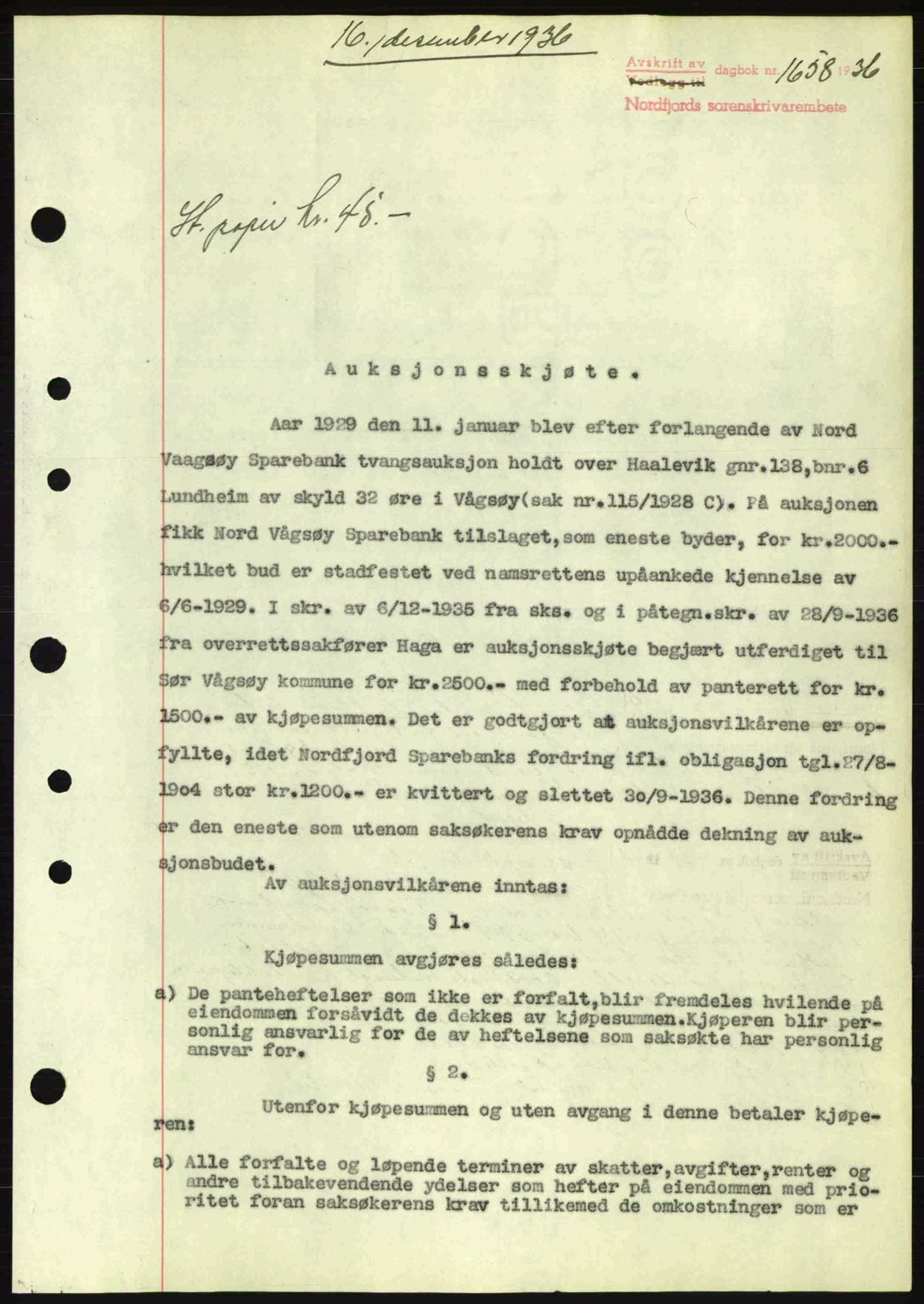 Nordfjord sorenskriveri, SAB/A-2801/02/02b/02bj/L0001: Mortgage book no. A1, 1936-1937, Diary no: : 1658/1936