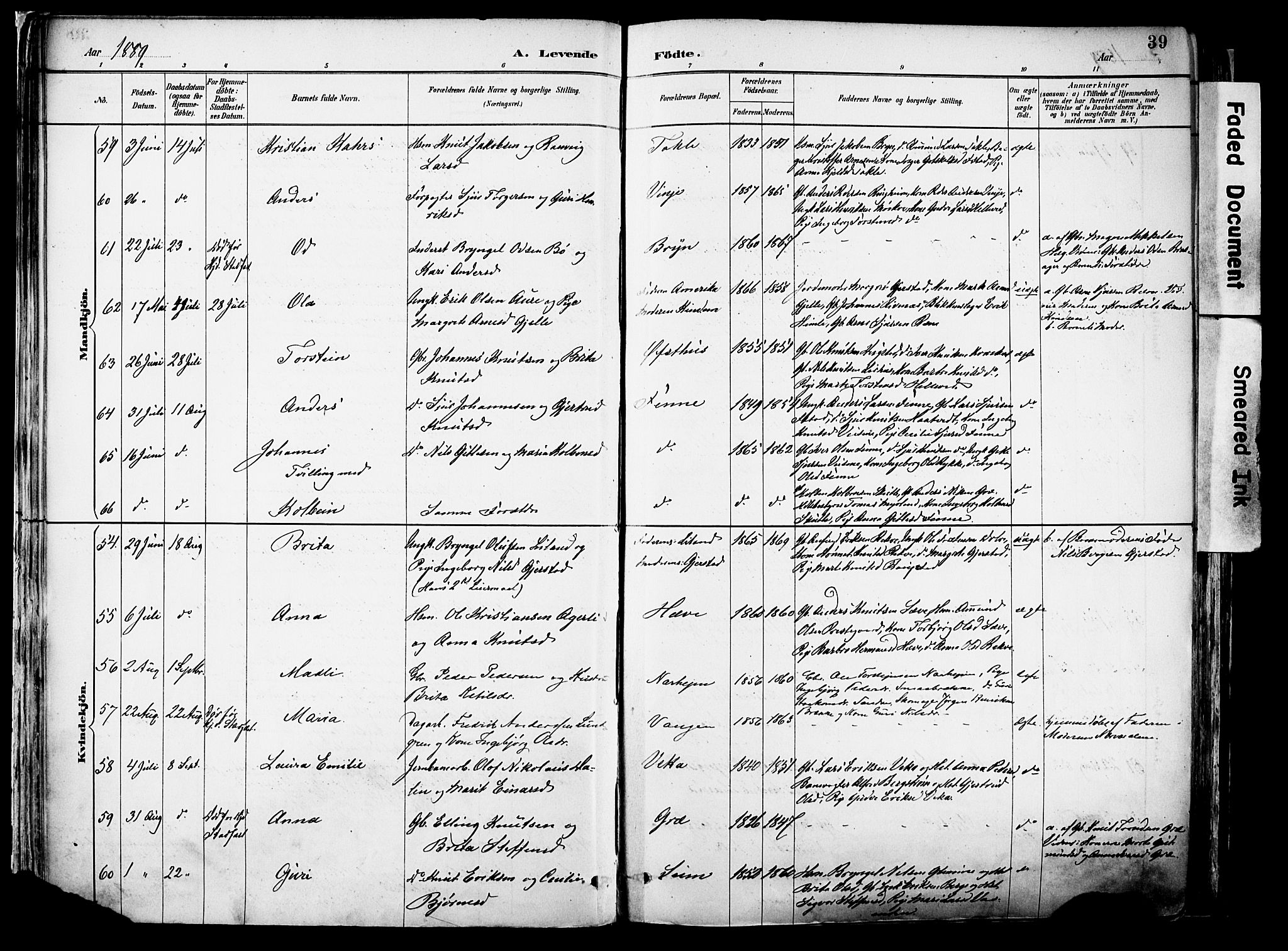 Voss sokneprestembete, AV/SAB-A-79001/H/Haa: Parish register (official) no. A 21, 1887-1903, p. 39