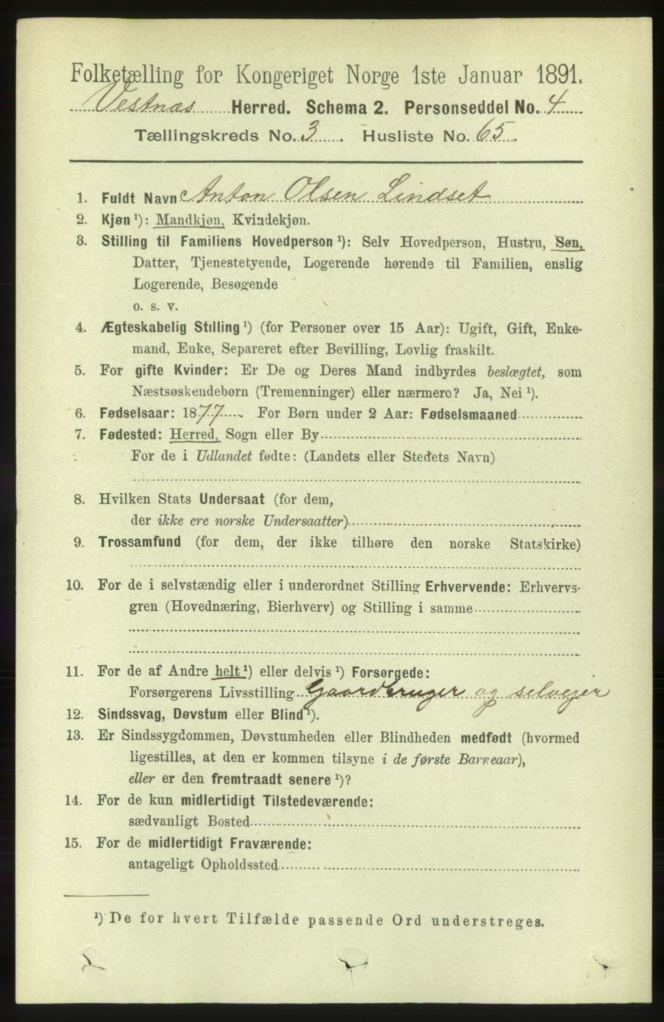 RA, 1891 census for 1535 Vestnes, 1891, p. 1209