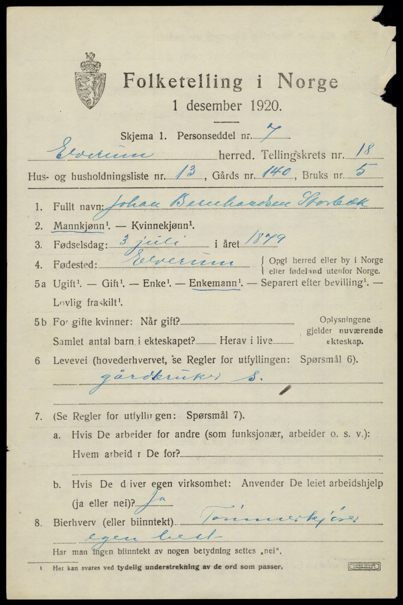 SAH, 1920 census for Elverum, 1920, p. 22224