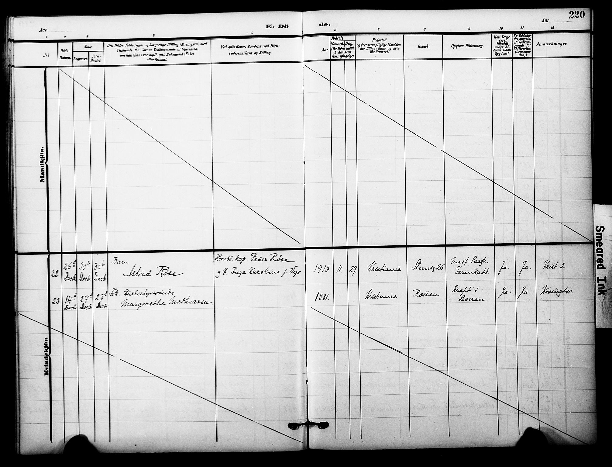 Garnisonsmenigheten Kirkebøker, AV/SAO-A-10846/F/Fa/L0014: Parish register (official) no. 14, 1905-1914, p. 220