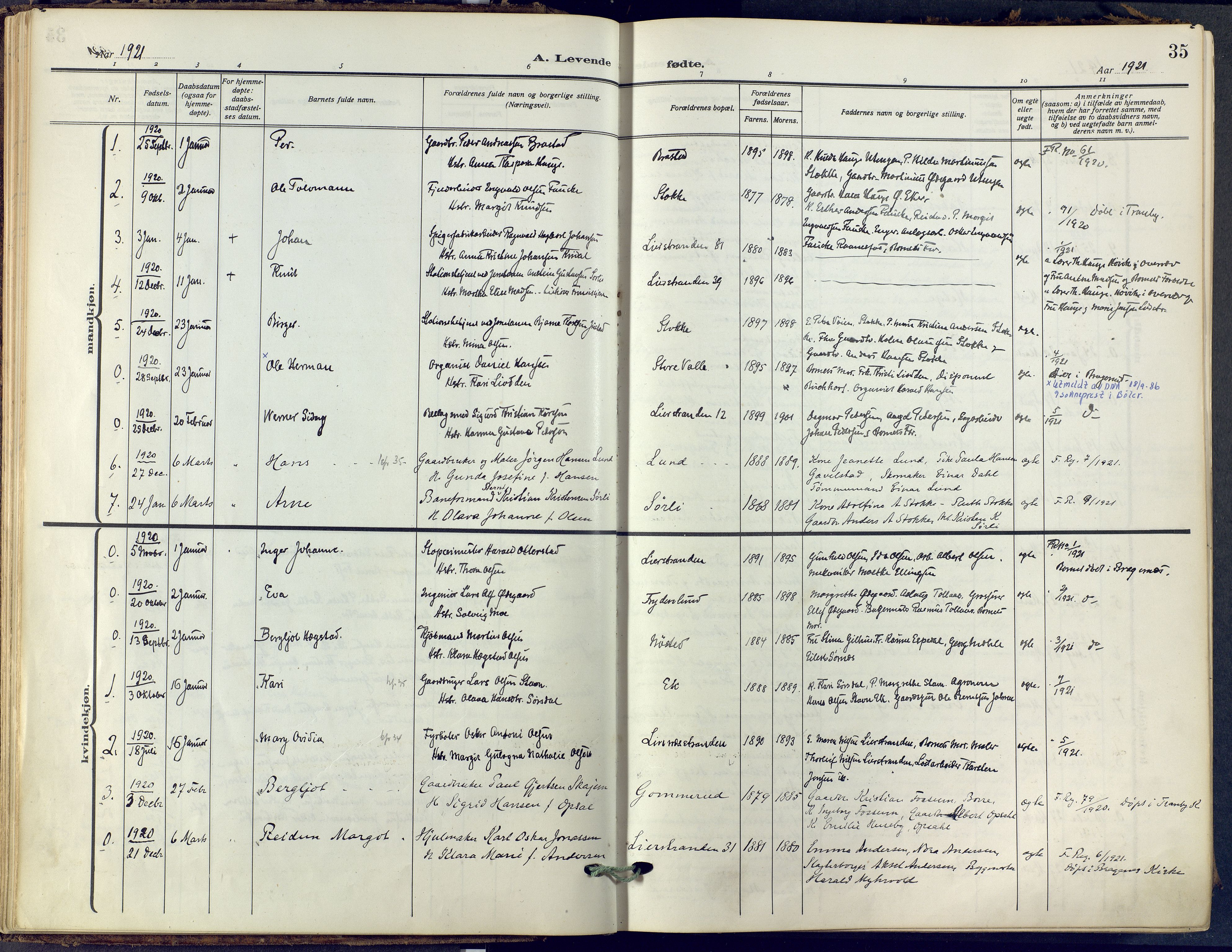 Lier kirkebøker, SAKO/A-230/F/Fa/L0019: Parish register (official) no. I 19, 1918-1928, p. 35