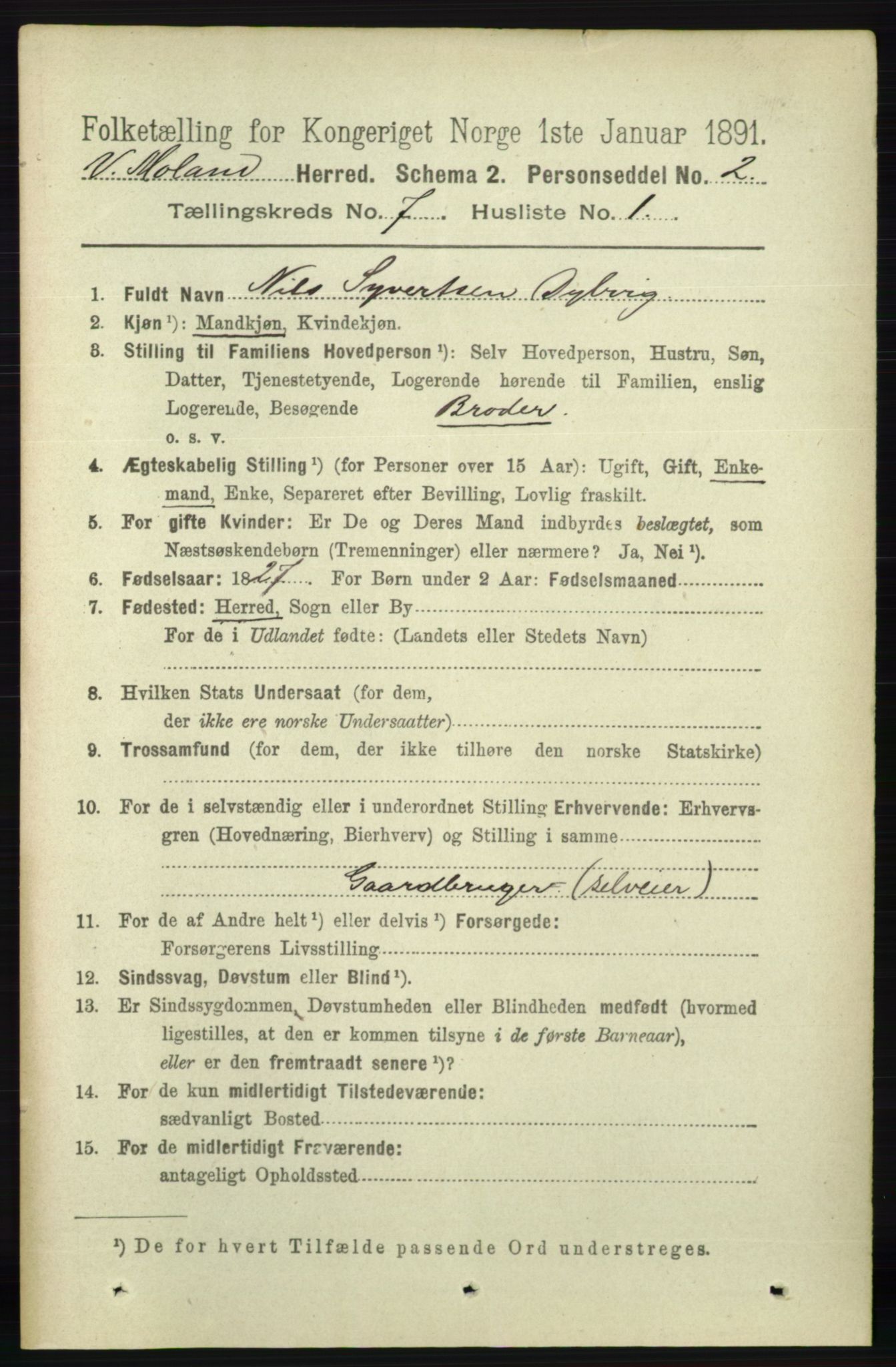 RA, 1891 census for 0926 Vestre Moland, 1891, p. 2800