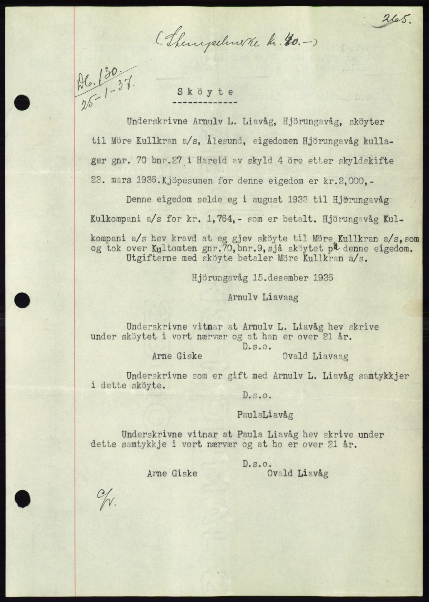 Søre Sunnmøre sorenskriveri, SAT/A-4122/1/2/2C/L0062: Mortgage book no. 56, 1936-1937, Diary no: : 130/1937